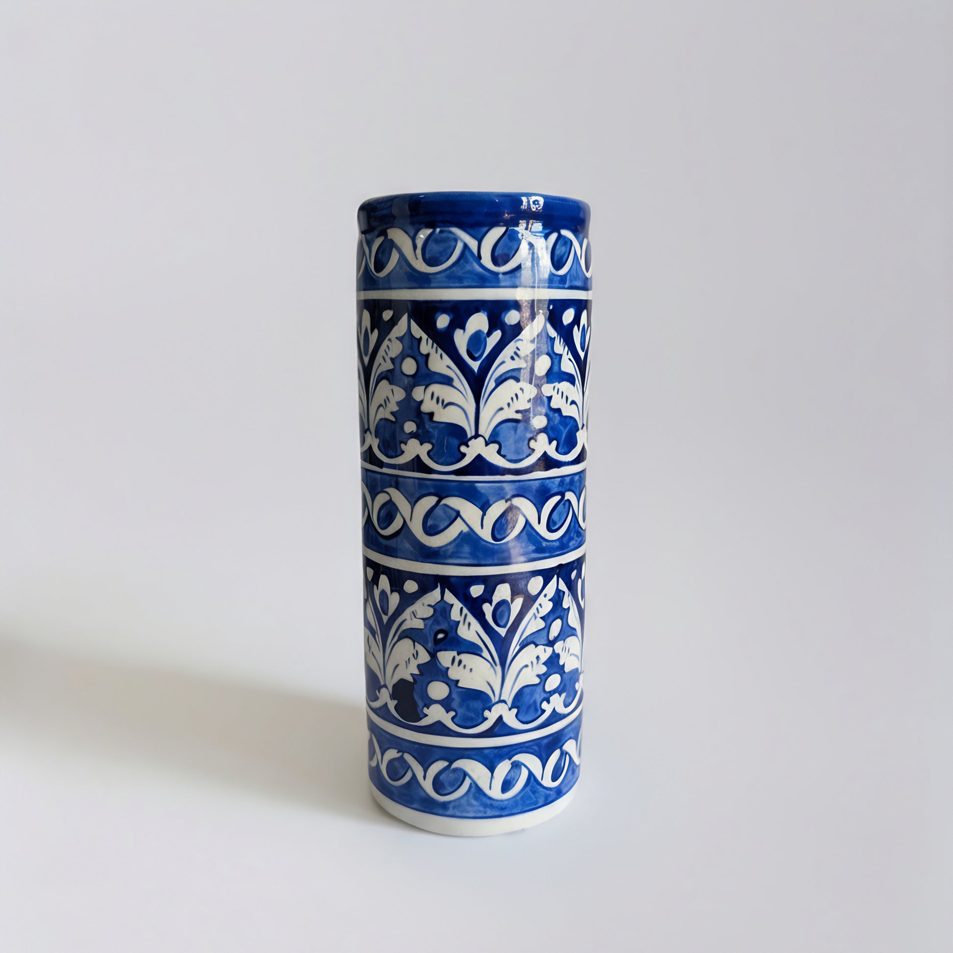 Blue Pottery 9-inch Cylindrical Vase – Tall Handmade Ceramic Vase for Decor or Florals