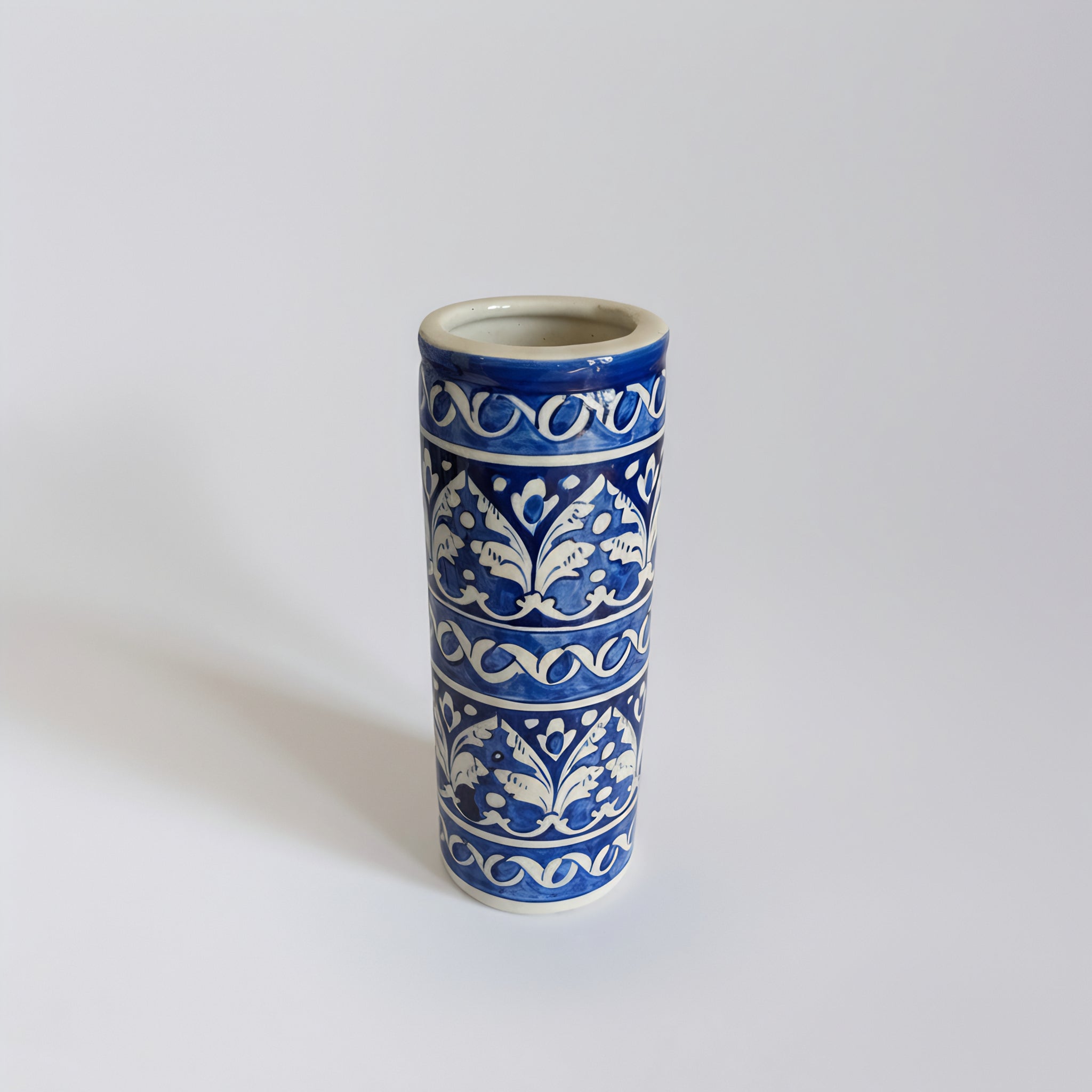 Blue Pottery 9-inch Cylindrical Vase – Tall Handmade Ceramic Vase for Decor or Florals