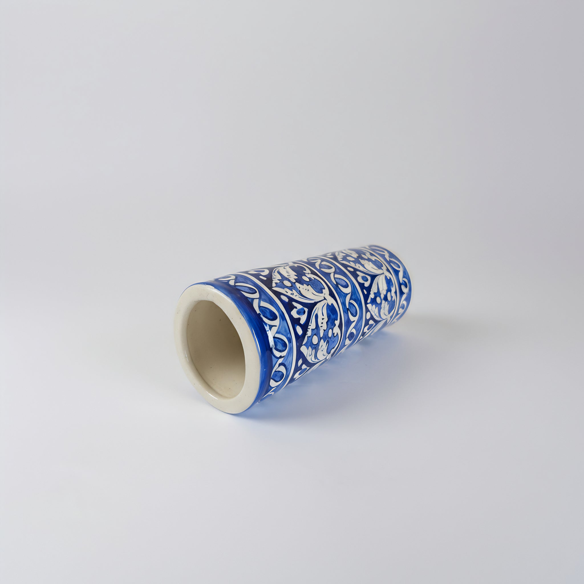 Blue Pottery 9-inch Cylindrical Vase – Tall Handmade Ceramic Vase for Decor or Florals