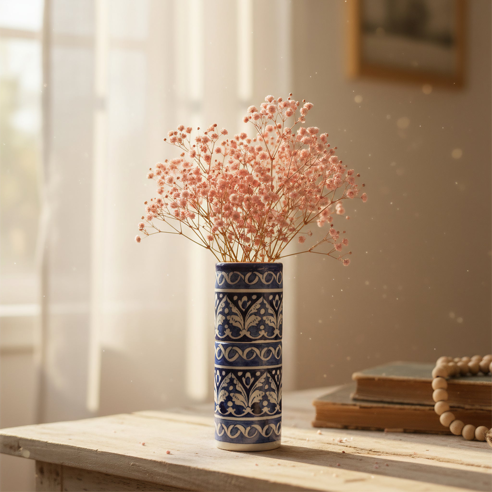 Blue Pottery 9-inch Cylindrical Vase – Tall Handmade Ceramic Vase for Decor or Florals