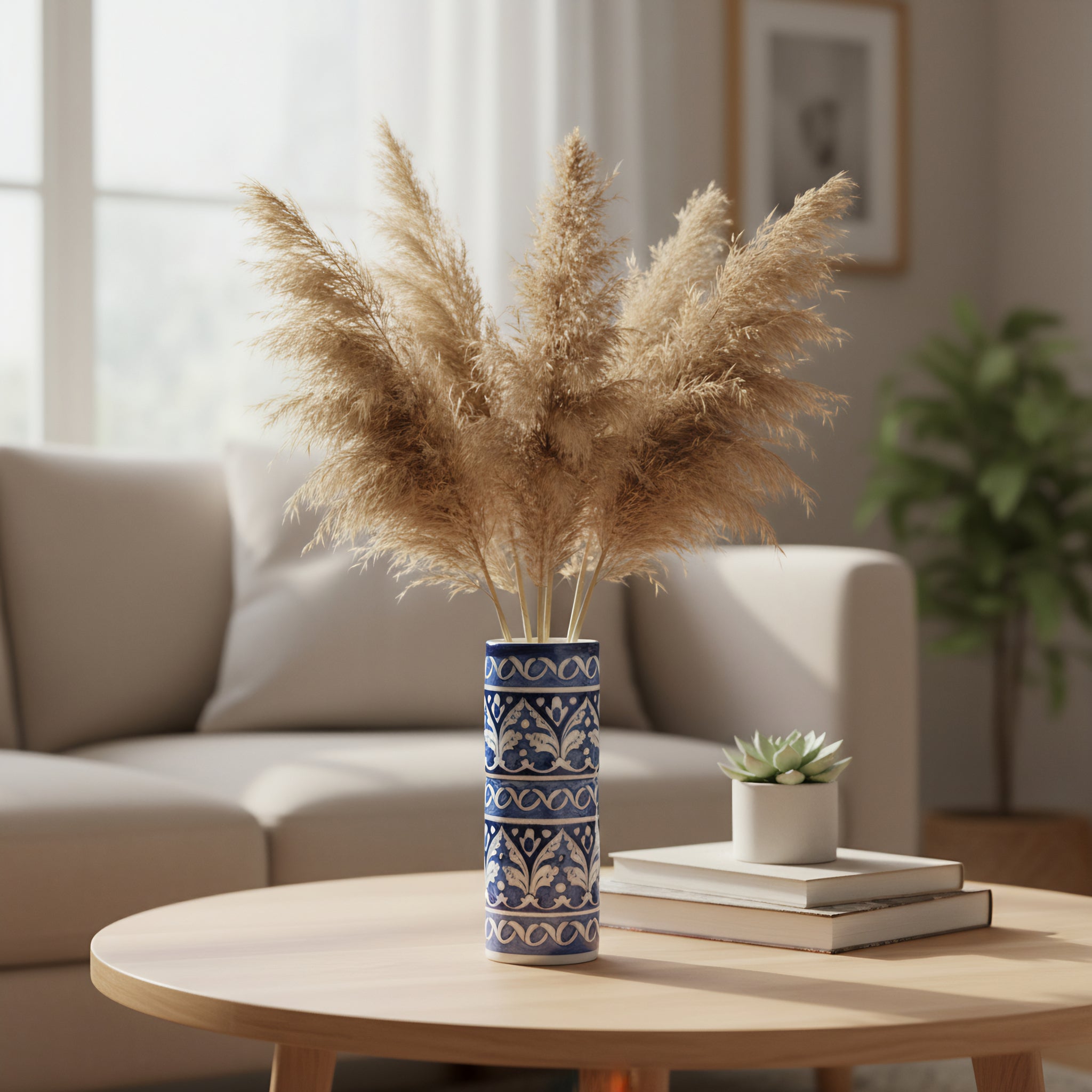 Blue Pottery 9-inch Cylindrical Vase – Tall Handmade Ceramic Vase for Decor or Florals