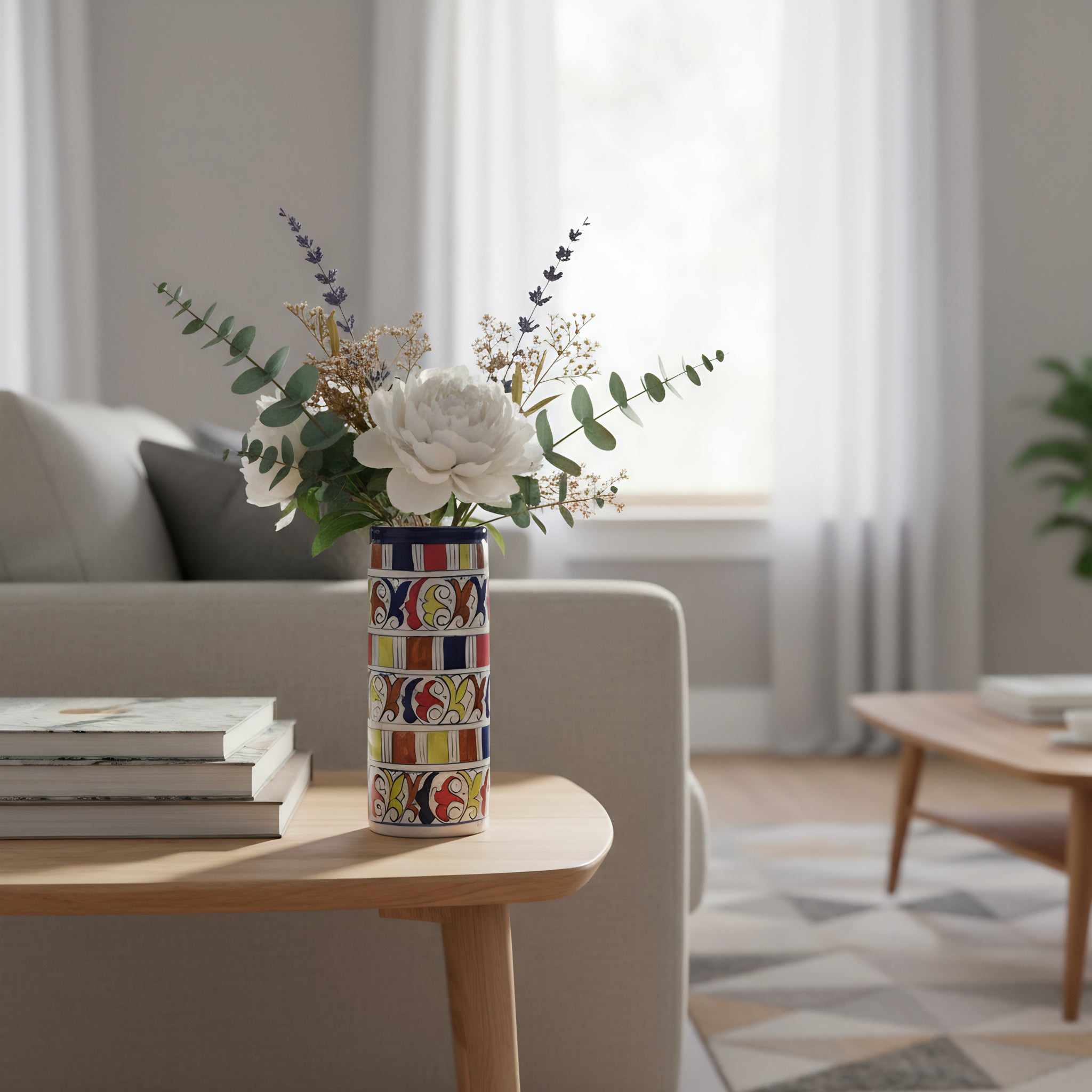 Handmade Blue Pottery Cylinder Vase – 9" Multani Ceramic Decor Piece