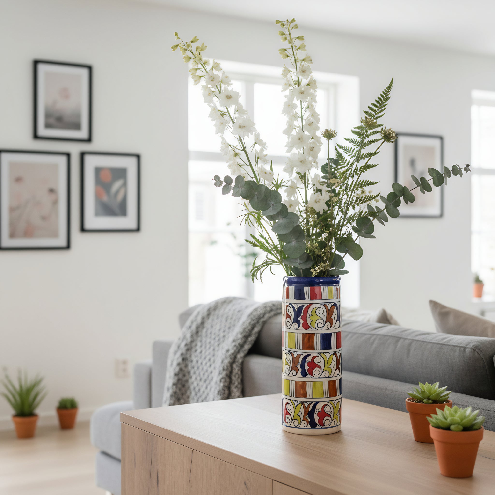 Handmade Blue Pottery Cylinder Vase – 9" Multani Ceramic Decor Piece