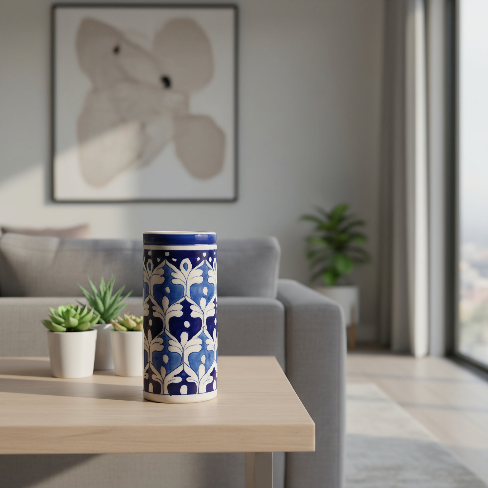 Blue Pottery 8-inch Cylindrical Vase – Tall Handmade Ceramic Vase for Decor or Florals
