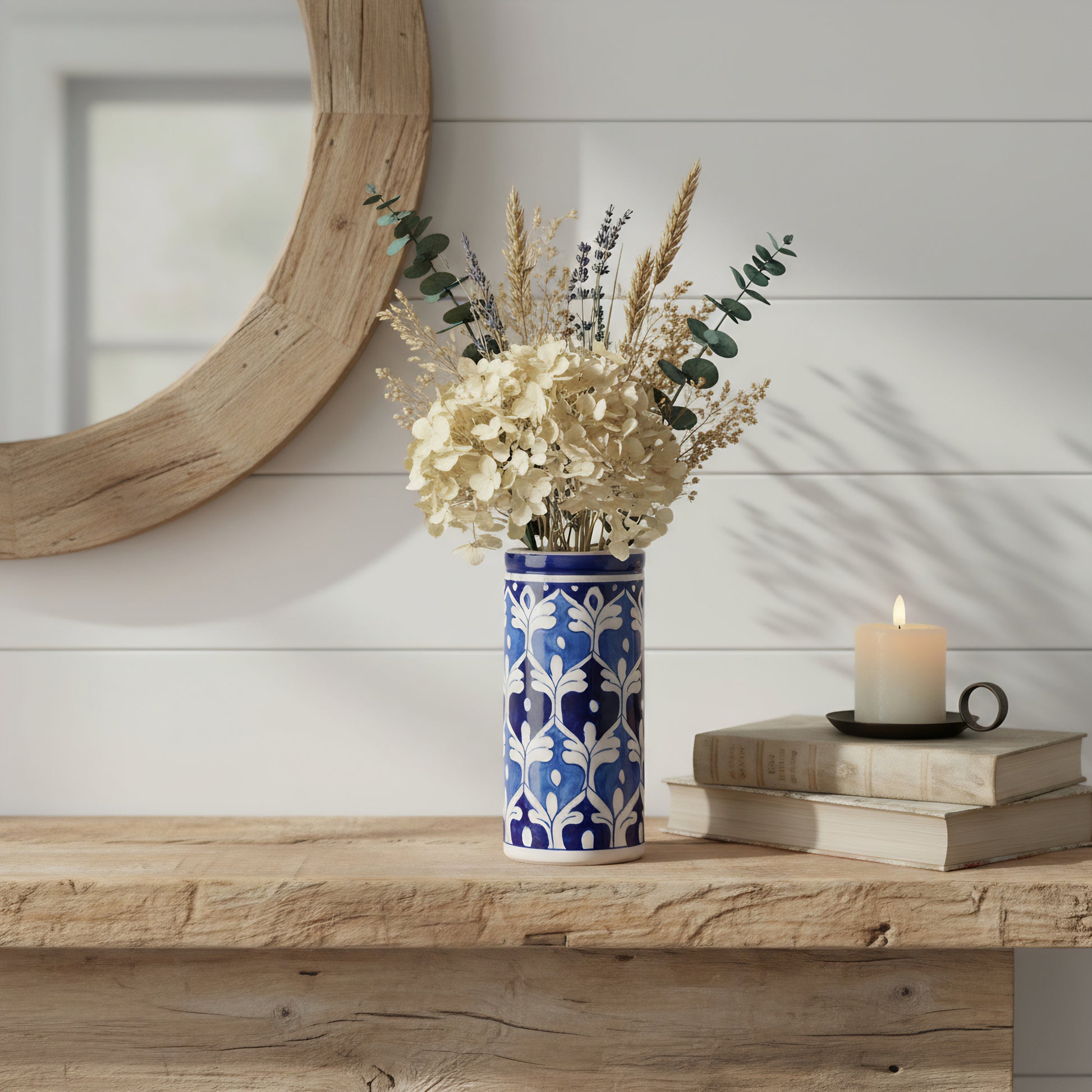 Blue Pottery 8-inch Cylindrical Vase – Tall Handmade Ceramic Vase for Decor or Florals
