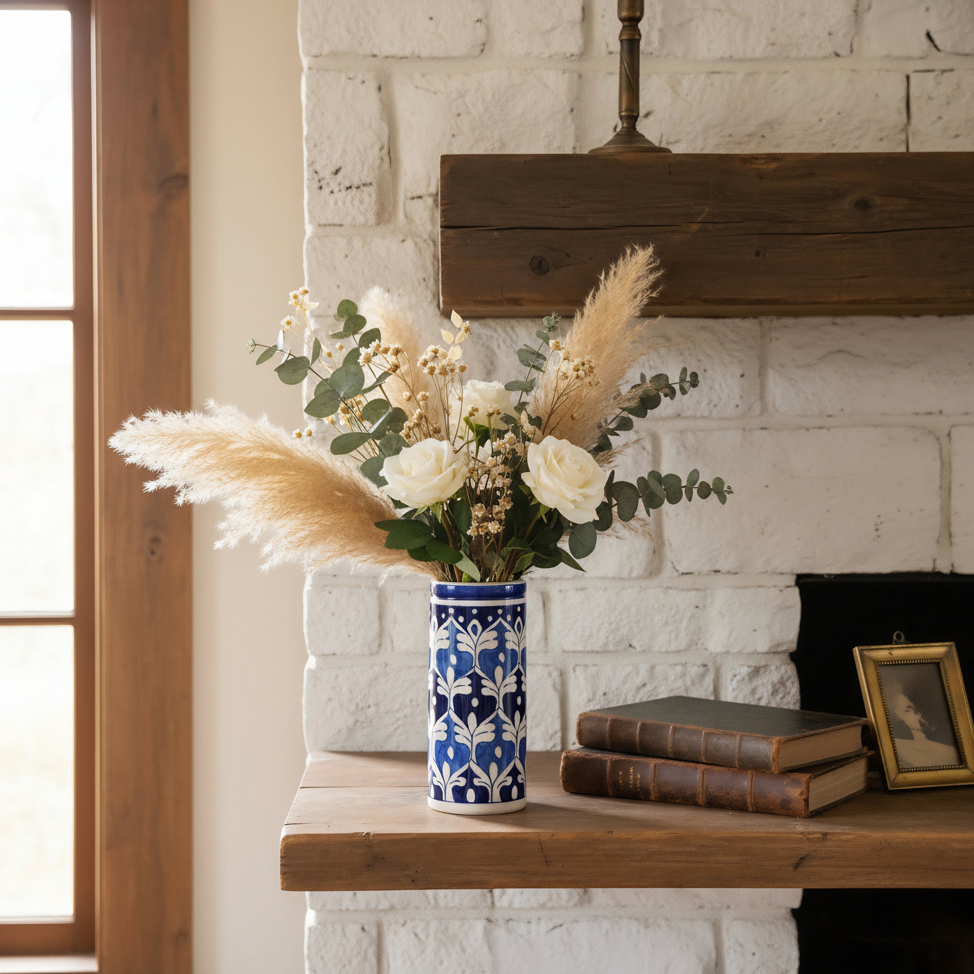 Blue Pottery 8-inch Cylindrical Vase – Tall Handmade Ceramic Vase for Decor or Florals