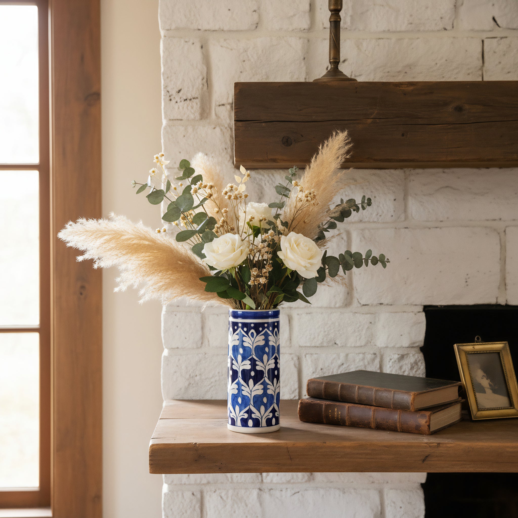 Blue Pottery 8-inch Cylindrical Vase – Tall Handmade Ceramic Vase for Decor or Florals