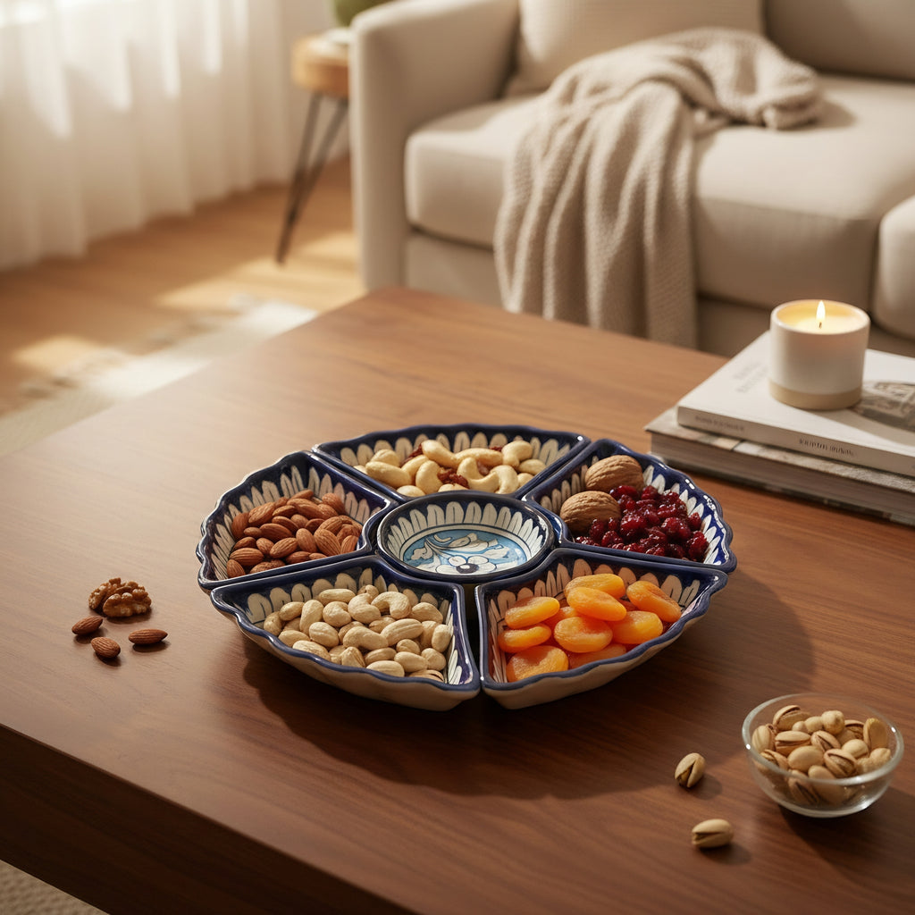 Handmade Pakistani dry fruit serving bowl with traditional blue glazing — Craftan Pakistan