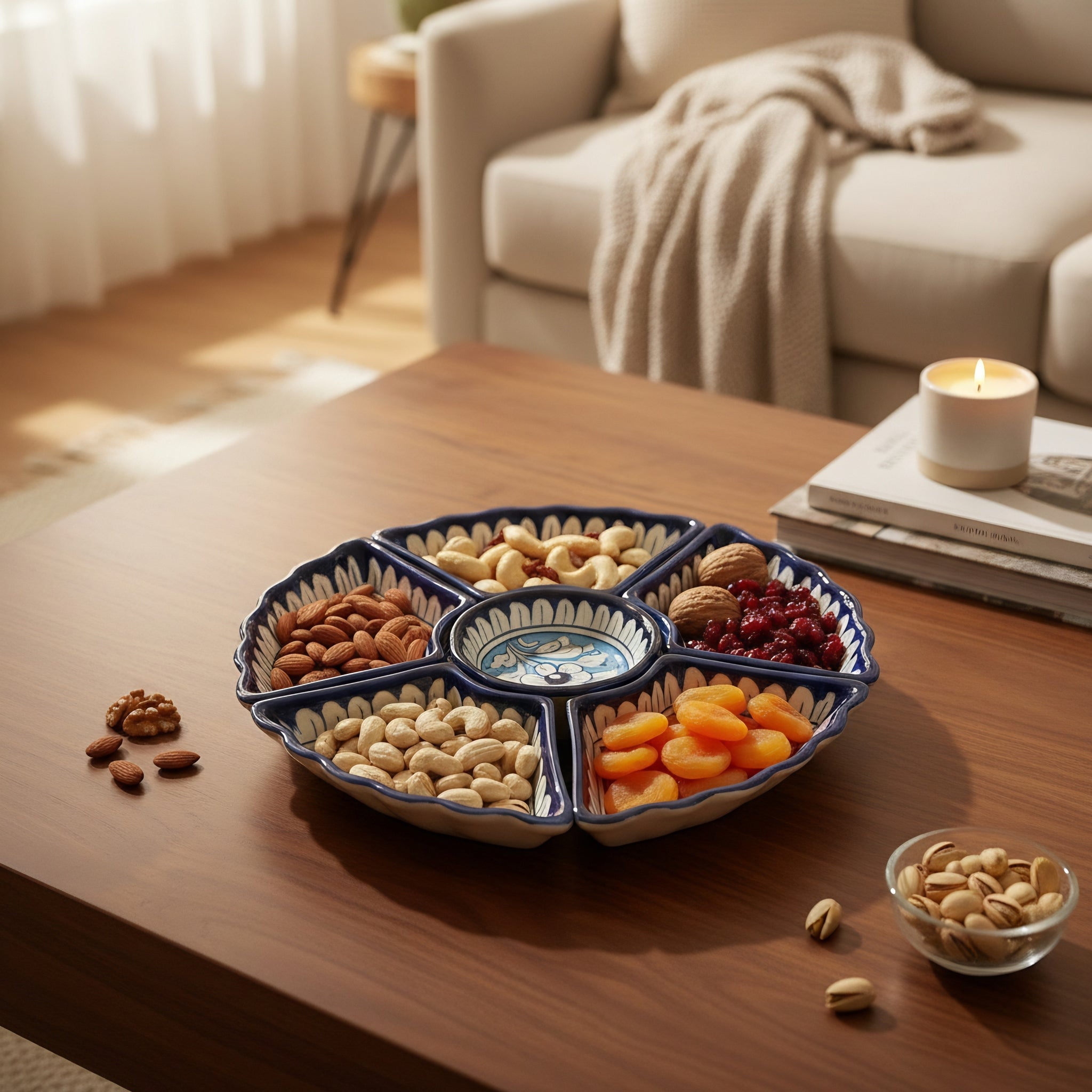 Handmade Pakistani dry fruit serving bowl with traditional blue glazing — Craftan Pakistan