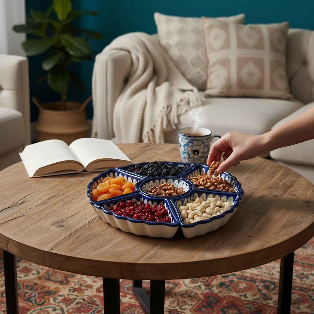 Pakistani handmade blue pottery dry fruit bowl with authentic cultural designs — Craftan Pakistan