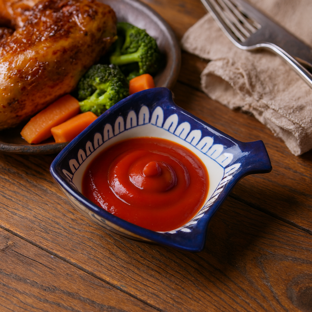 Blue ceramic blue pottery fish-shaped bowl with ketchup on a wooden table with a plate of food in the background