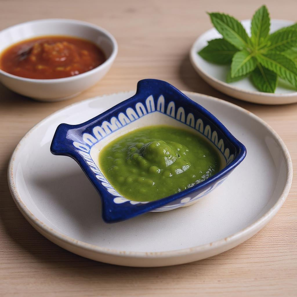 Green dip in a blue and white ceramic blue pottery fish-shaped bowl dish on a wooden table with a side of red sauce and mint leaves.