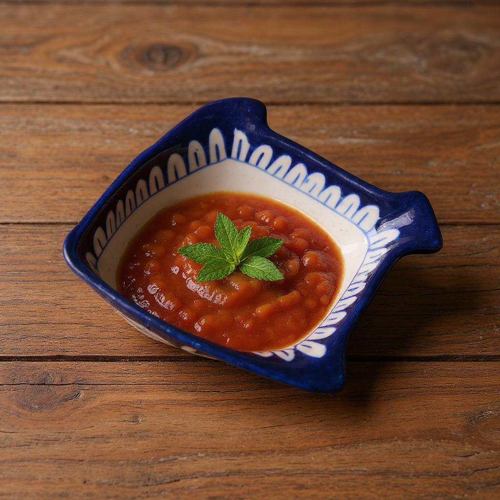 Ceramic blue pottery fish-shaped bowl dish with red sauce and a sprig of mint on a wooden surface