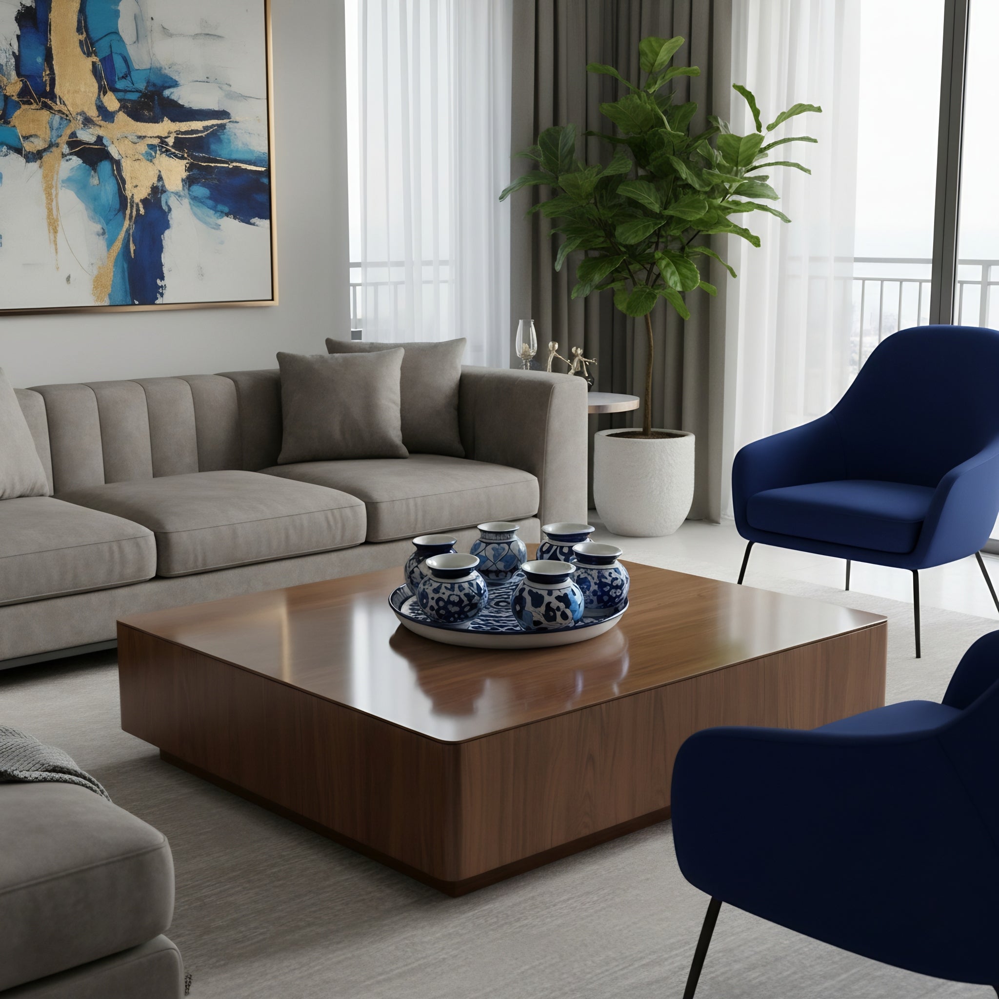 Blue Pottery Mini Vase Set with 13-Inch Tray – 6+1 Pieces