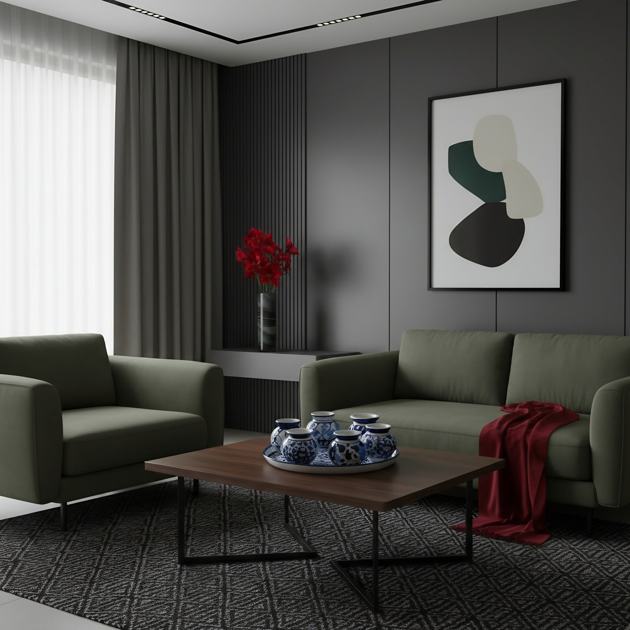 Blue Pottery Mini Vase Set with 13-Inch Tray – 6+1 Pieces