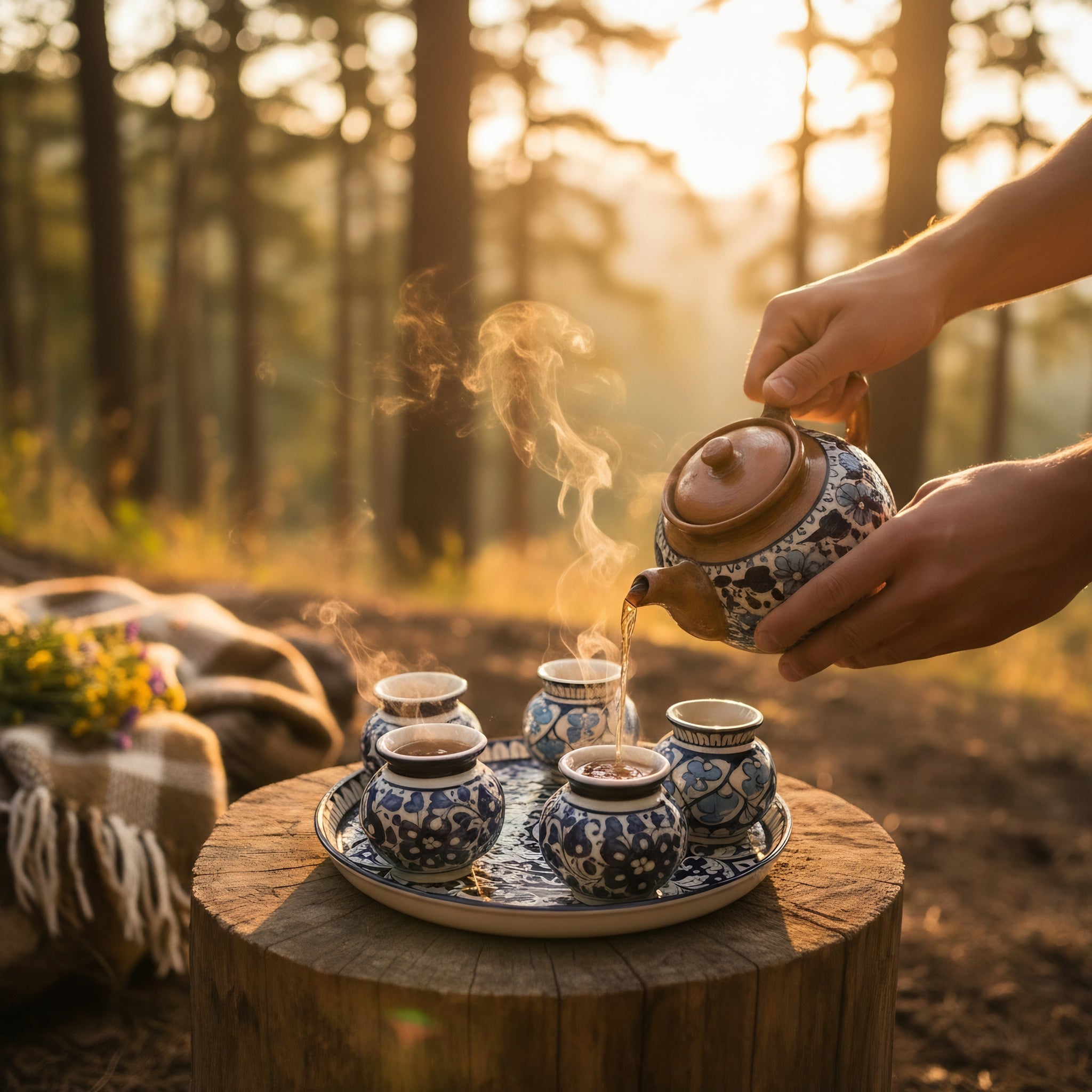 Blue Pottery Mini Vase Set with 13-Inch Tray – 6+1 Pieces
