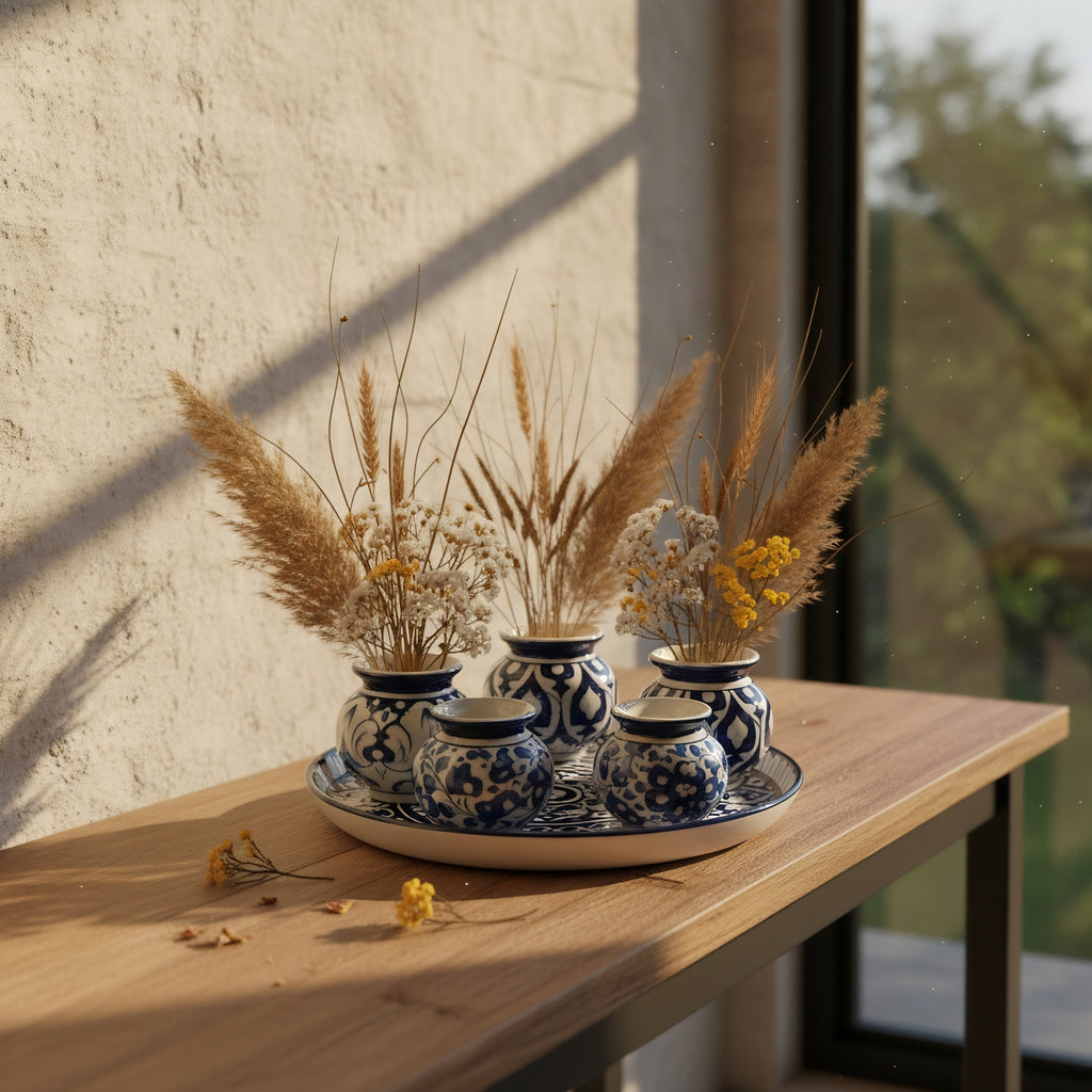 Pakistani blue pottery tray showcasing traditional geometric border design — Craftan Pakistan