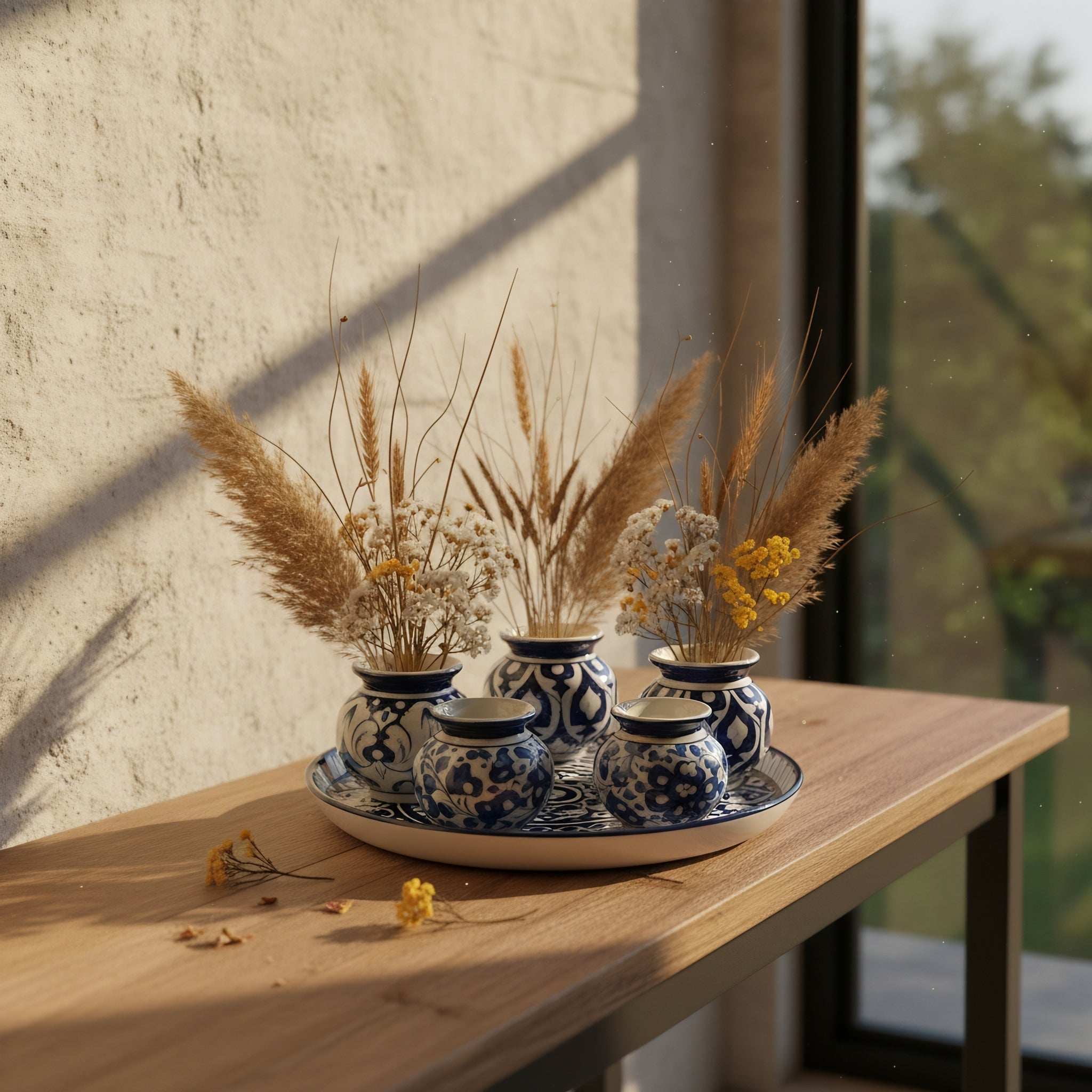 Blue Pottery Mini Vase Set with 13-Inch Tray – 6+1 Pieces