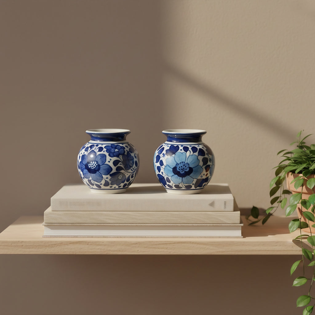 Blue-on-White Floral Mini Decor Blue Pottery Pot – 3 Inch (traditional Garwi)