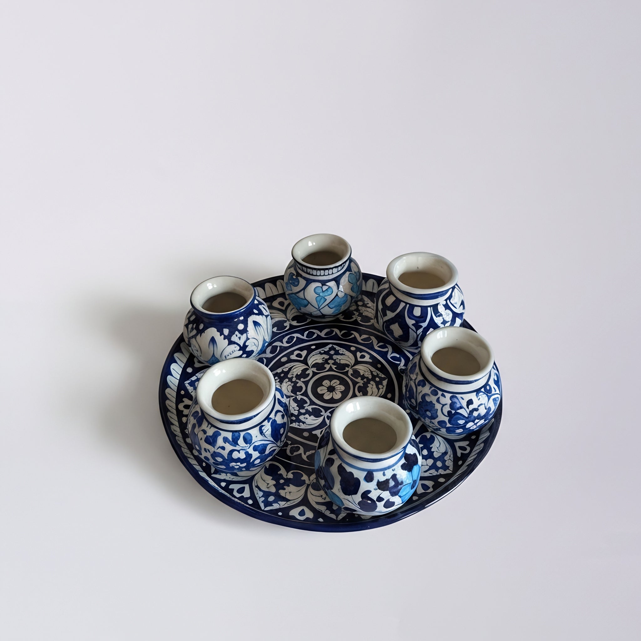 Blue Pottery Mini Vase Set with 13-Inch Tray – 6+1 Pieces