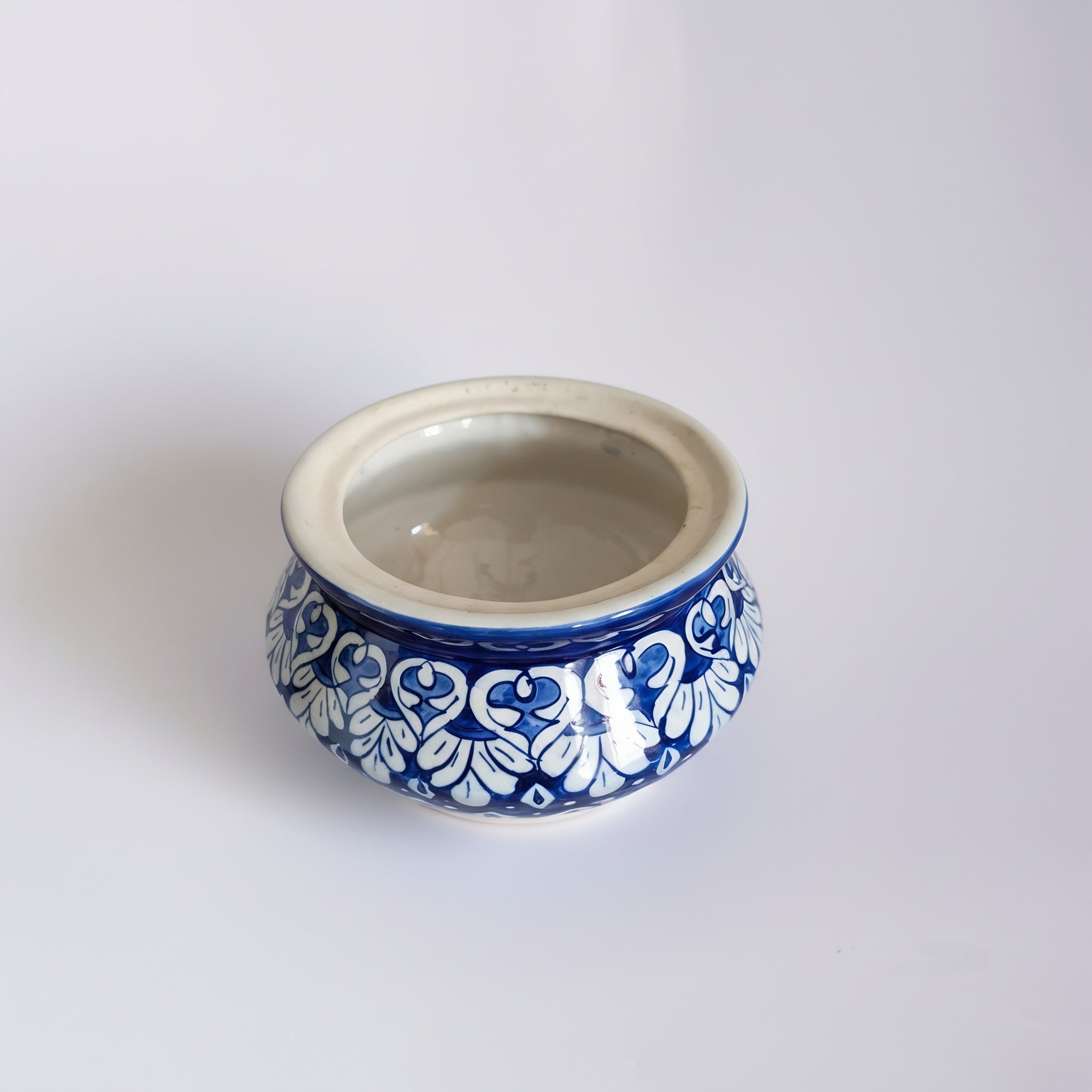 Multani blue pottery handi with intricate cobalt floral patterns — Craftan Pakistan