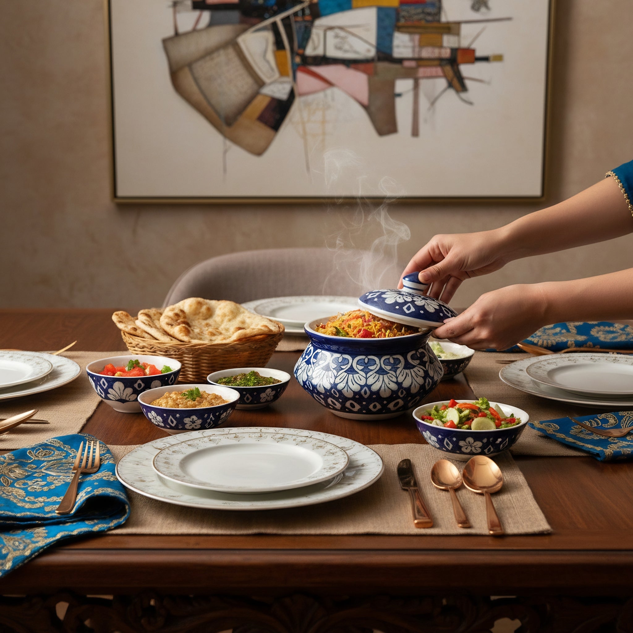 Blue pottery serving tureen with traditional Multani floral designs — Craftan Pakistan