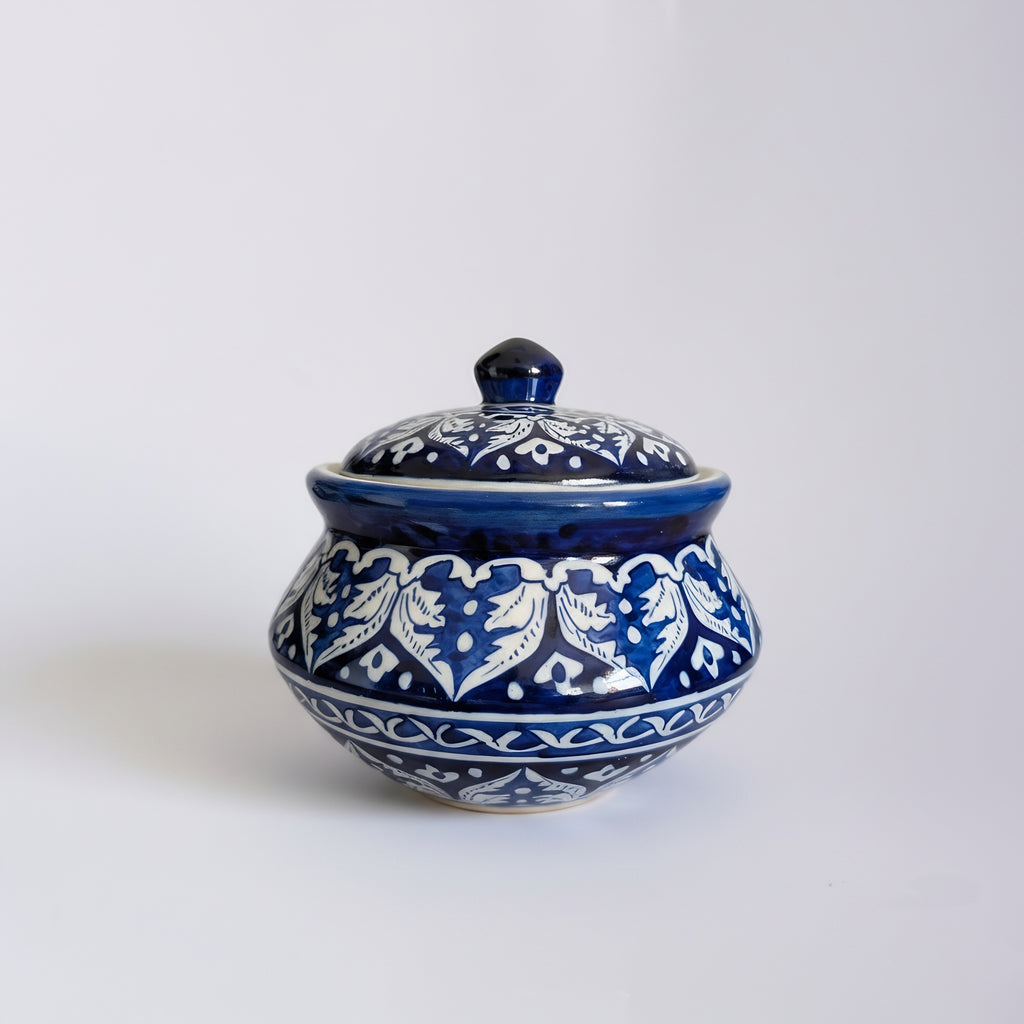 Handmade Blue Pottery Cobalt Arabesque Lidded Serving Pot — Multani ceramic — Craftan Pakistan