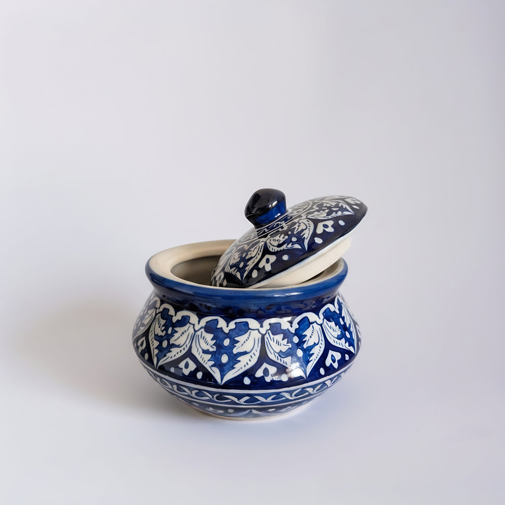 Cobalt Blue Ceramic Lidded Pot Arabesque Design — Multani blue pottery — Craftan Pakistan