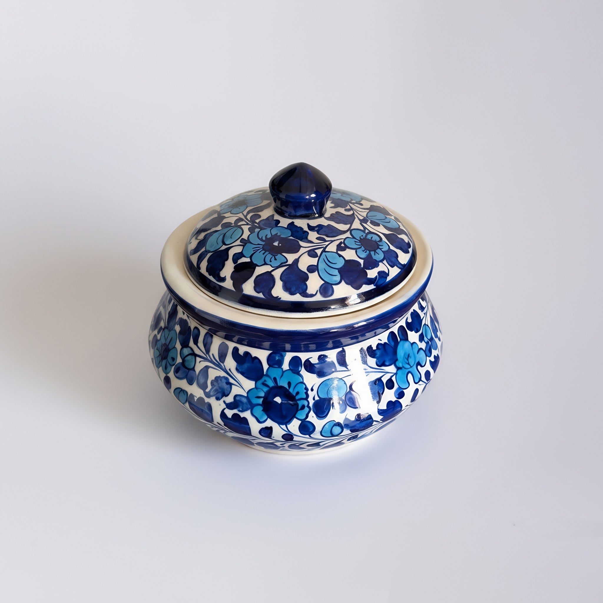 Sky-Blue Floral Ceramic Tureen with Lid — Multani blue pottery — Craftan Pakistan