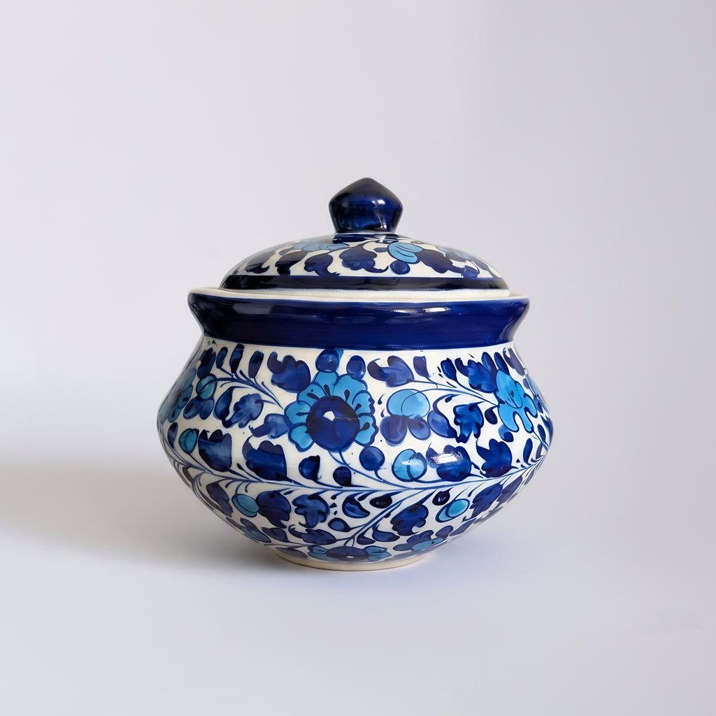 Handmade Blue Pottery Sky-Blue Floral Lidded Serving Pot — ceramic — Craftan Pakistan