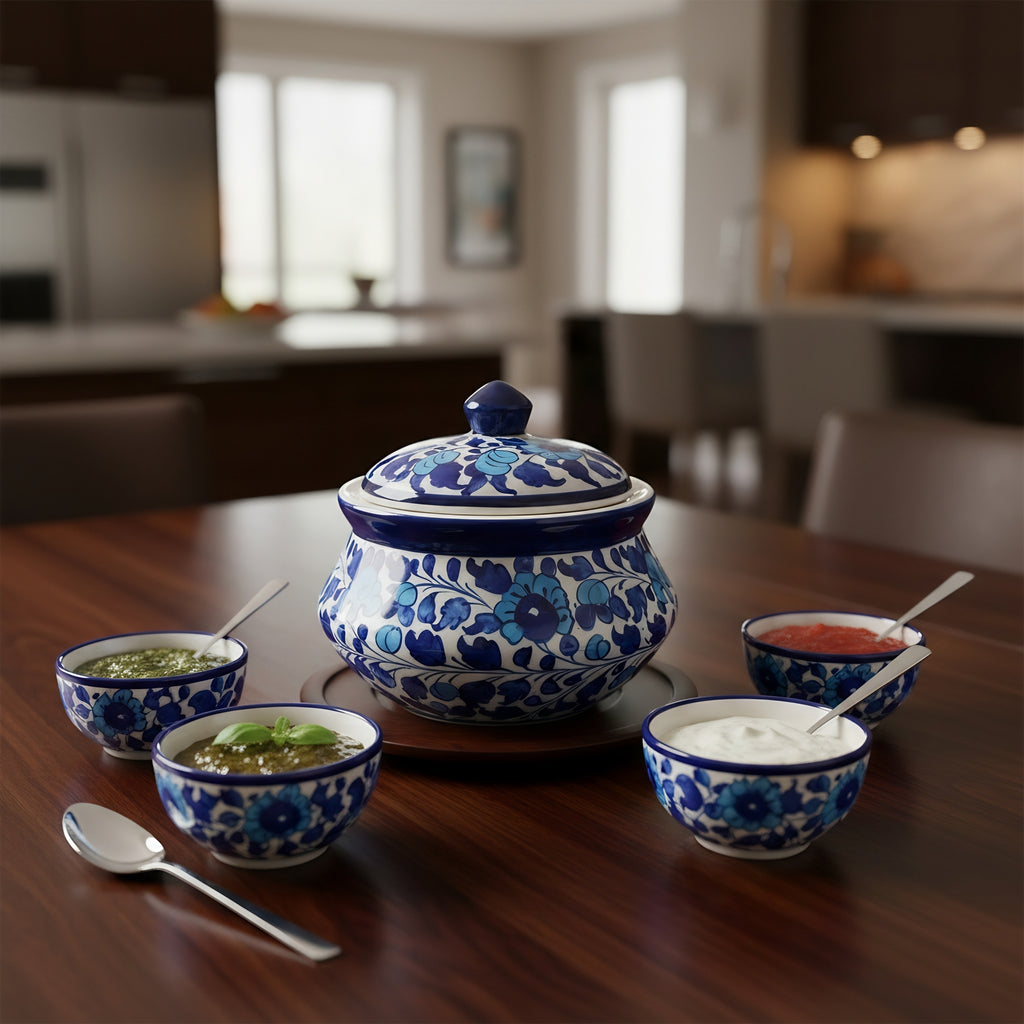 Floral Sky-Blue Ceramic Pot with Lid — Pakistani blue pottery — Craftan Pakistan