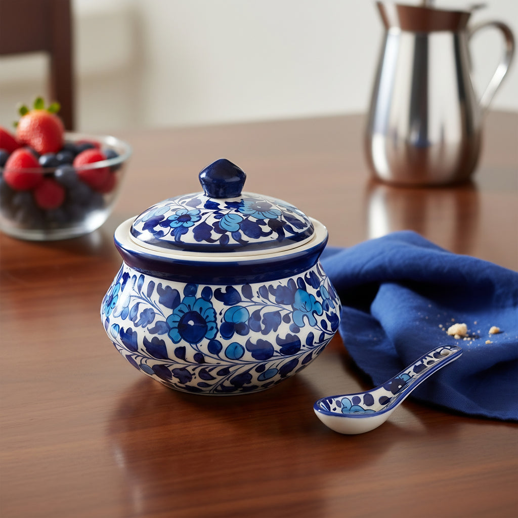 Multani Blue Pottery Serving Tureen — handmade floral ceramic bowl — Craftan Pakistan