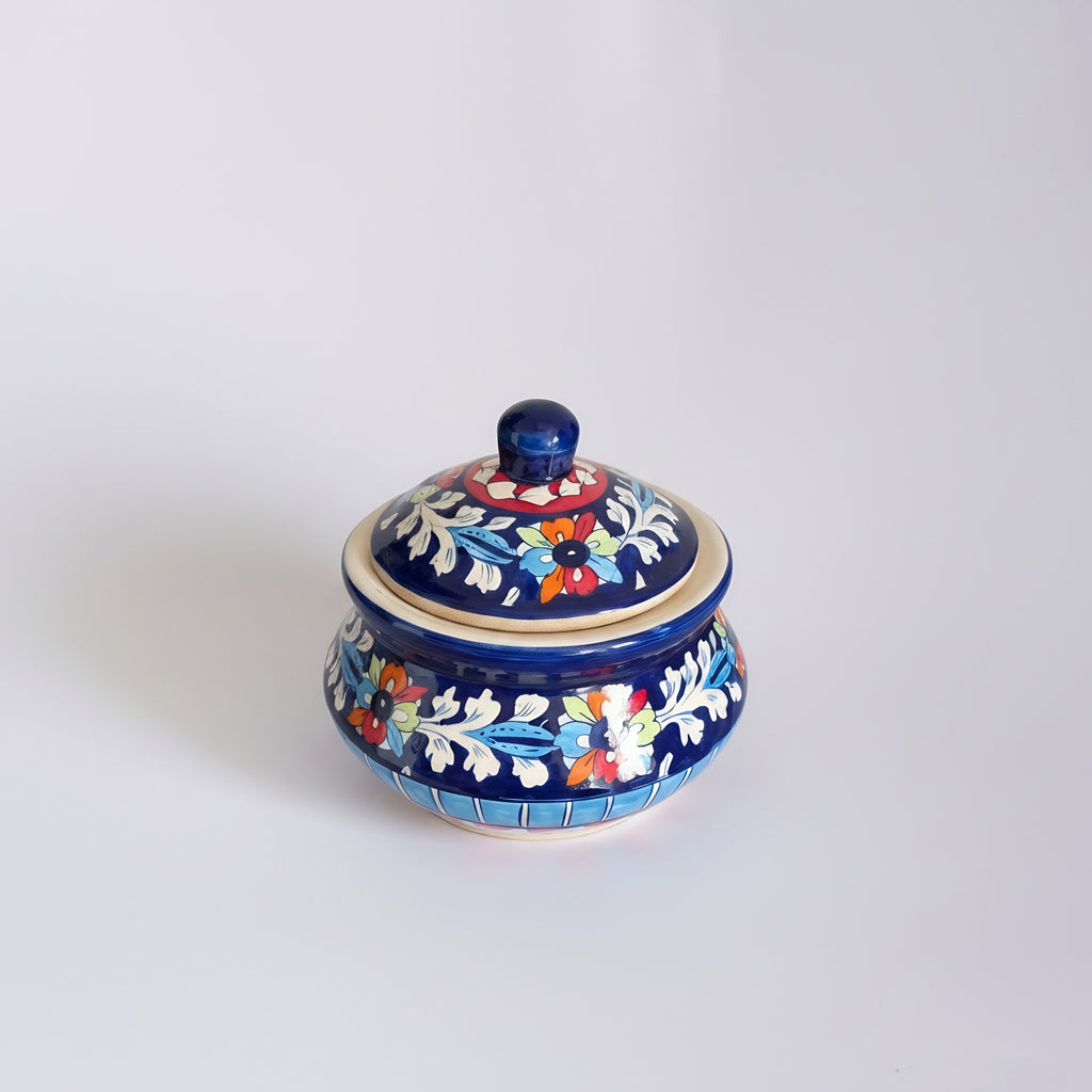 Multani blue pottery lidded tureen with multicolor florals — 8 inch — Craftan Pakistan