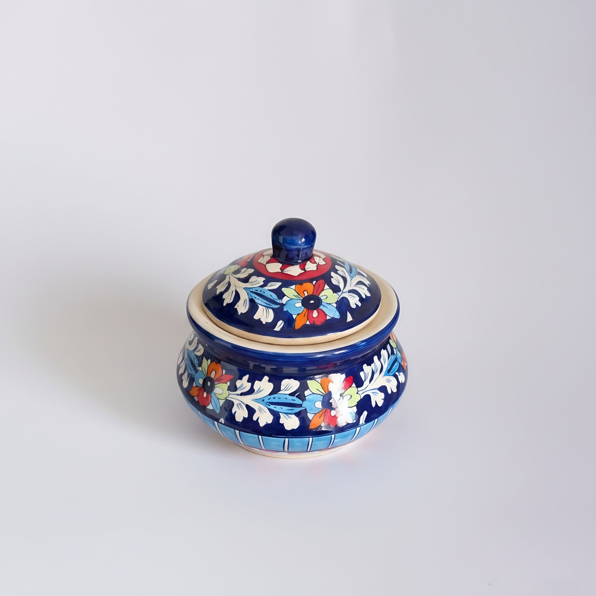 Multani blue pottery lidded tureen with multicolor florals — 8 inch — Craftan Pakistan