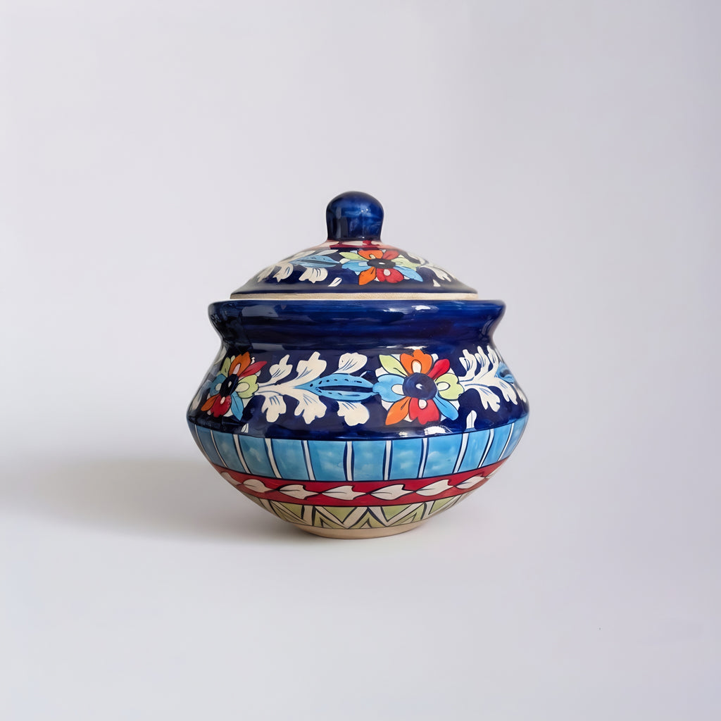 Handmade Blue Pottery Multicolor Floral Lidded Serving Pot — ceramic — Craftan Pakistan