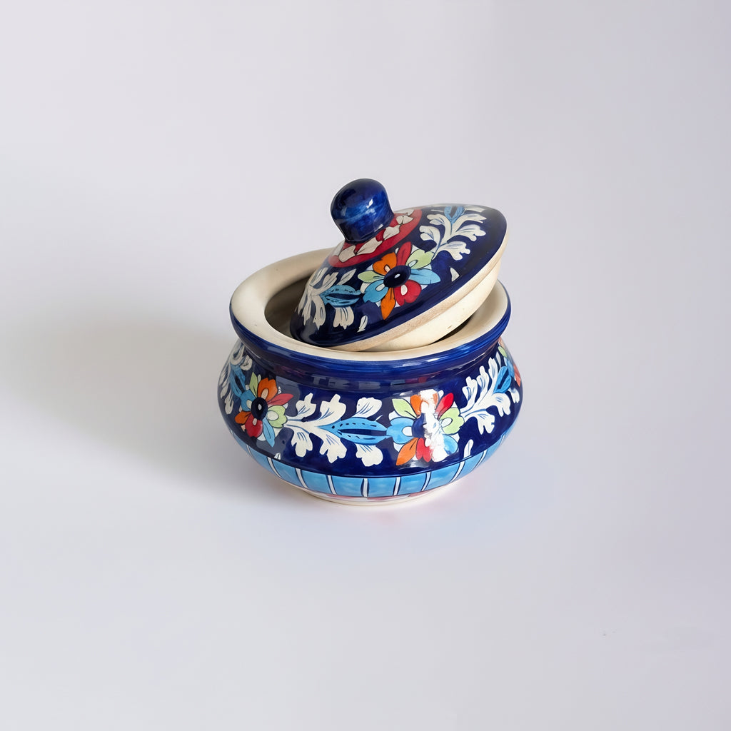 Blue pottery serving pot with colorful floral patterns — handmade ceramic — Craftan Pakistan