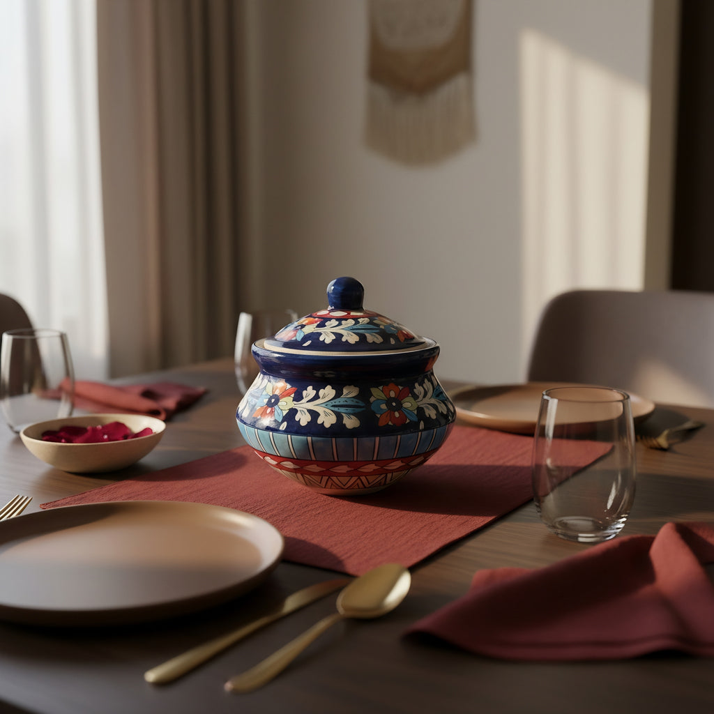 Handmade floral ceramic pot with matching lid — blue pottery tradition — Craftan Pakistan