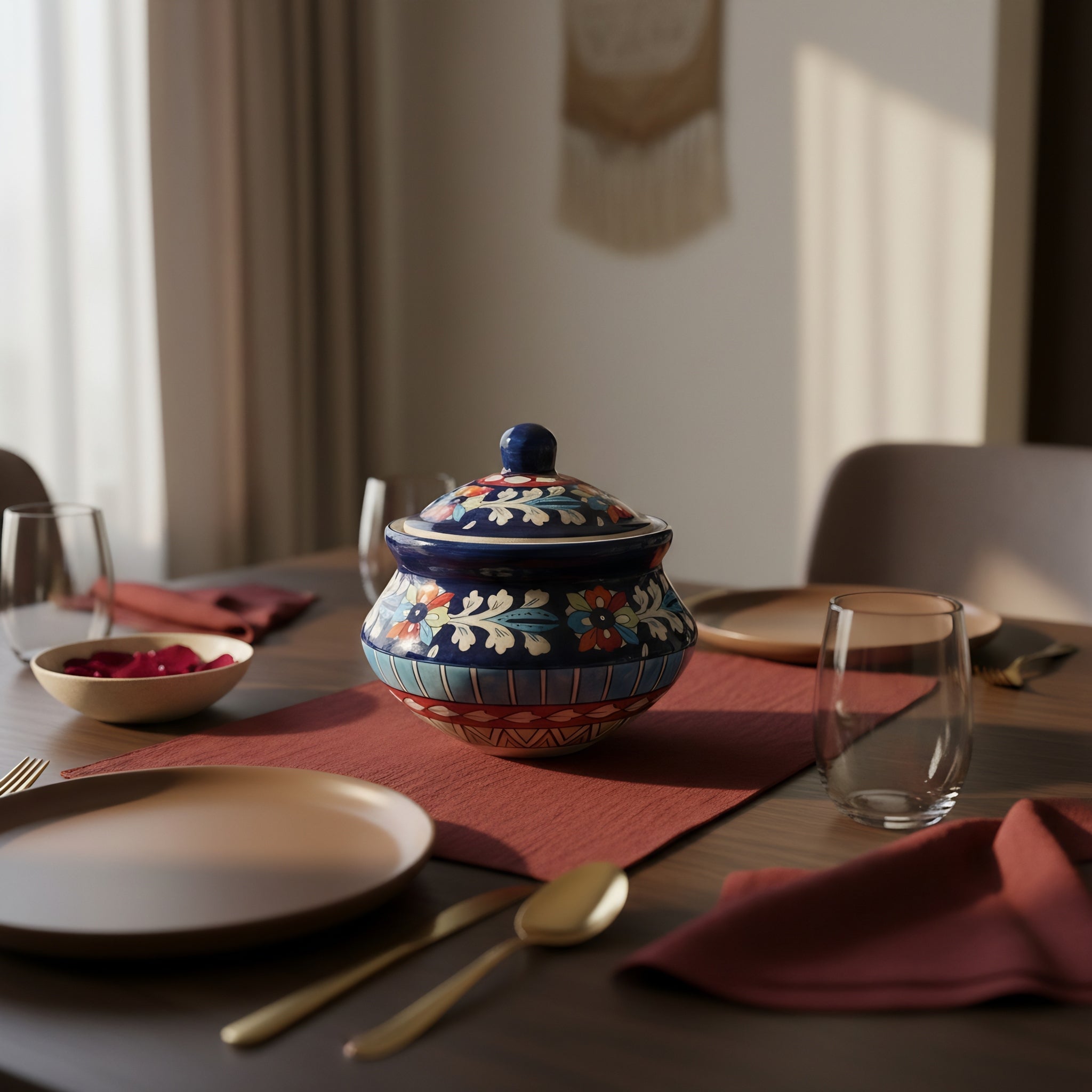 Handmade floral ceramic pot with matching lid — blue pottery tradition — Craftan Pakistan