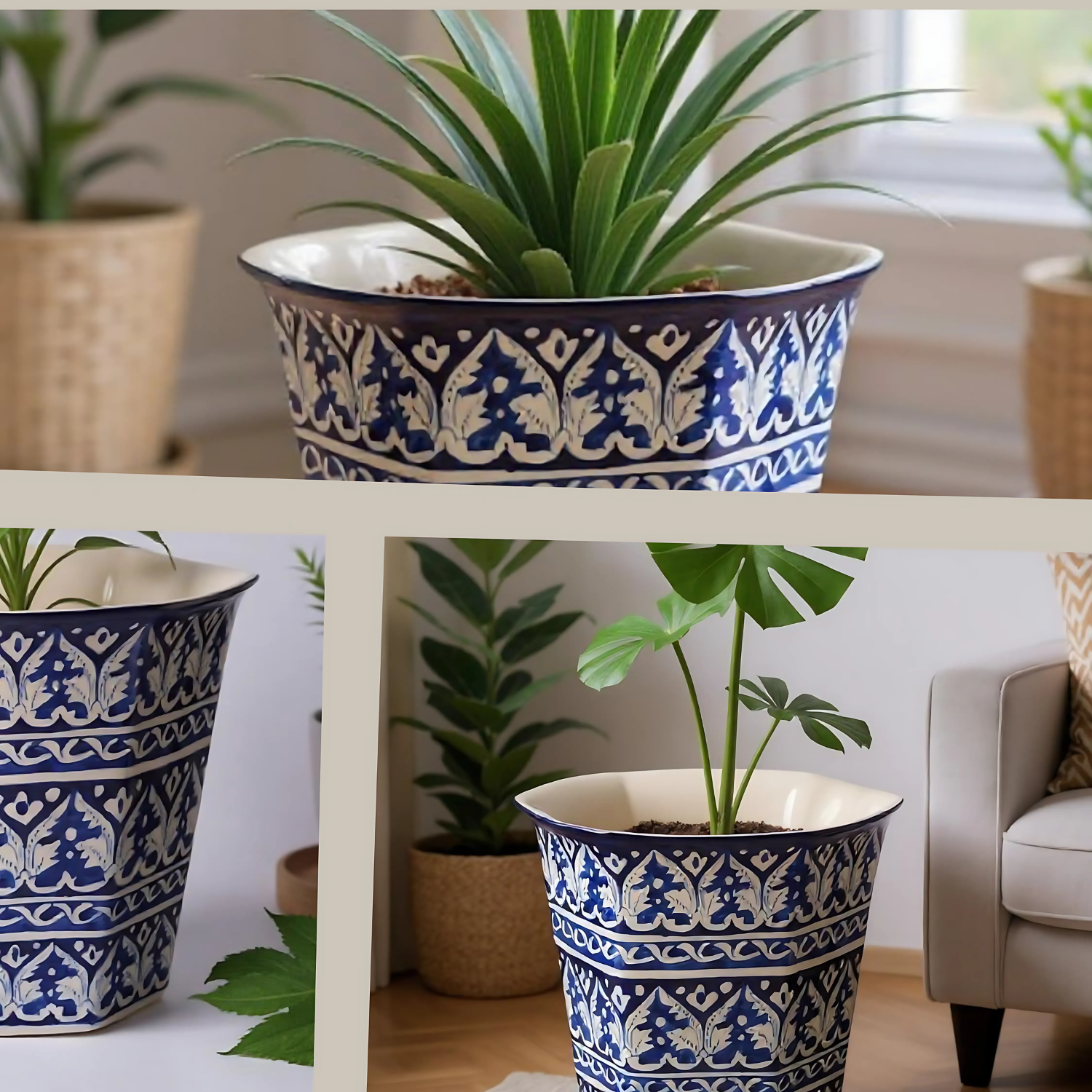 Decorative Multani Blue pottery planter, patterned planters with plants on a shelf.