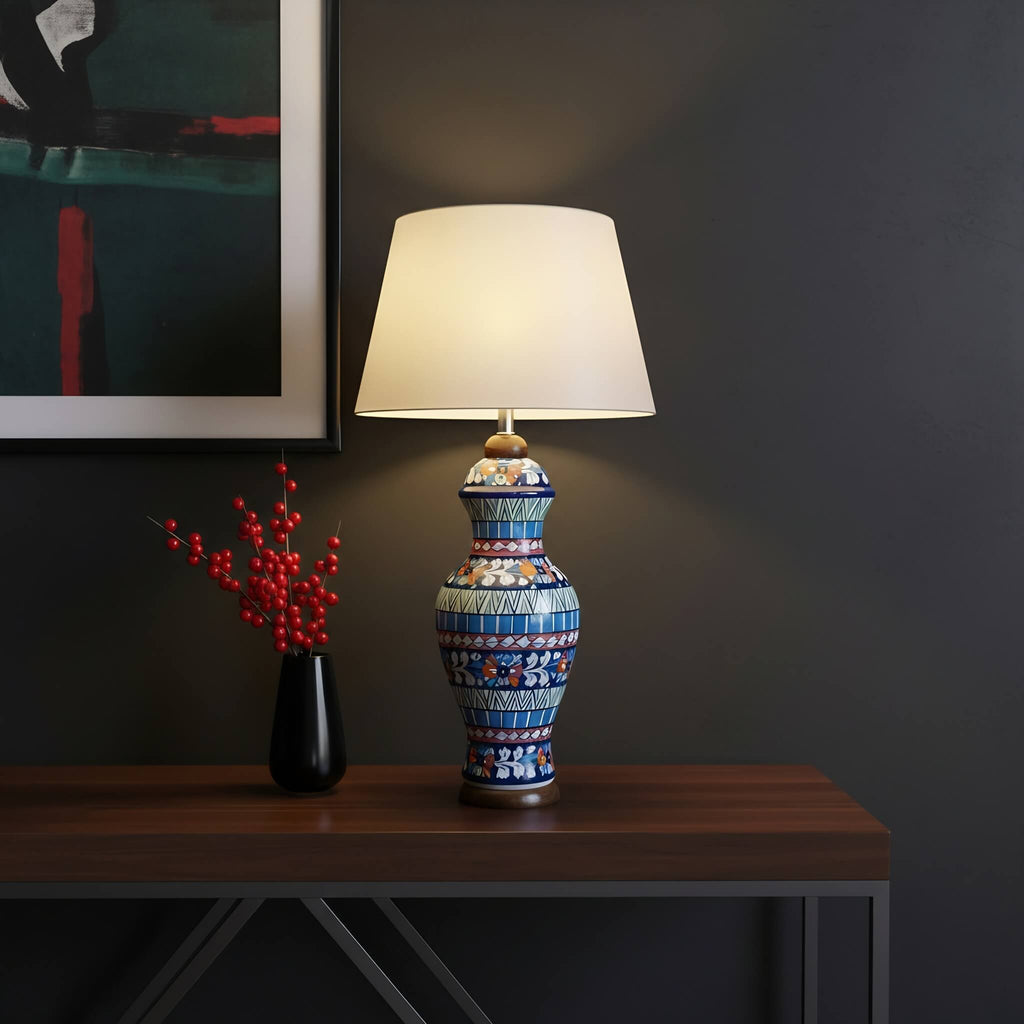 Multicolor Geometric Floral Blue Pottery Table Lamp – 22 Inch Base