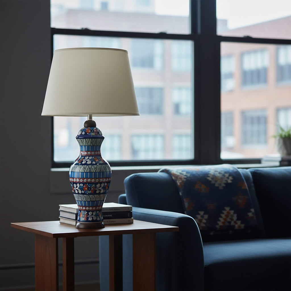 Multicolor Geometric Floral Blue Pottery Table Lamp – 22 Inch Base