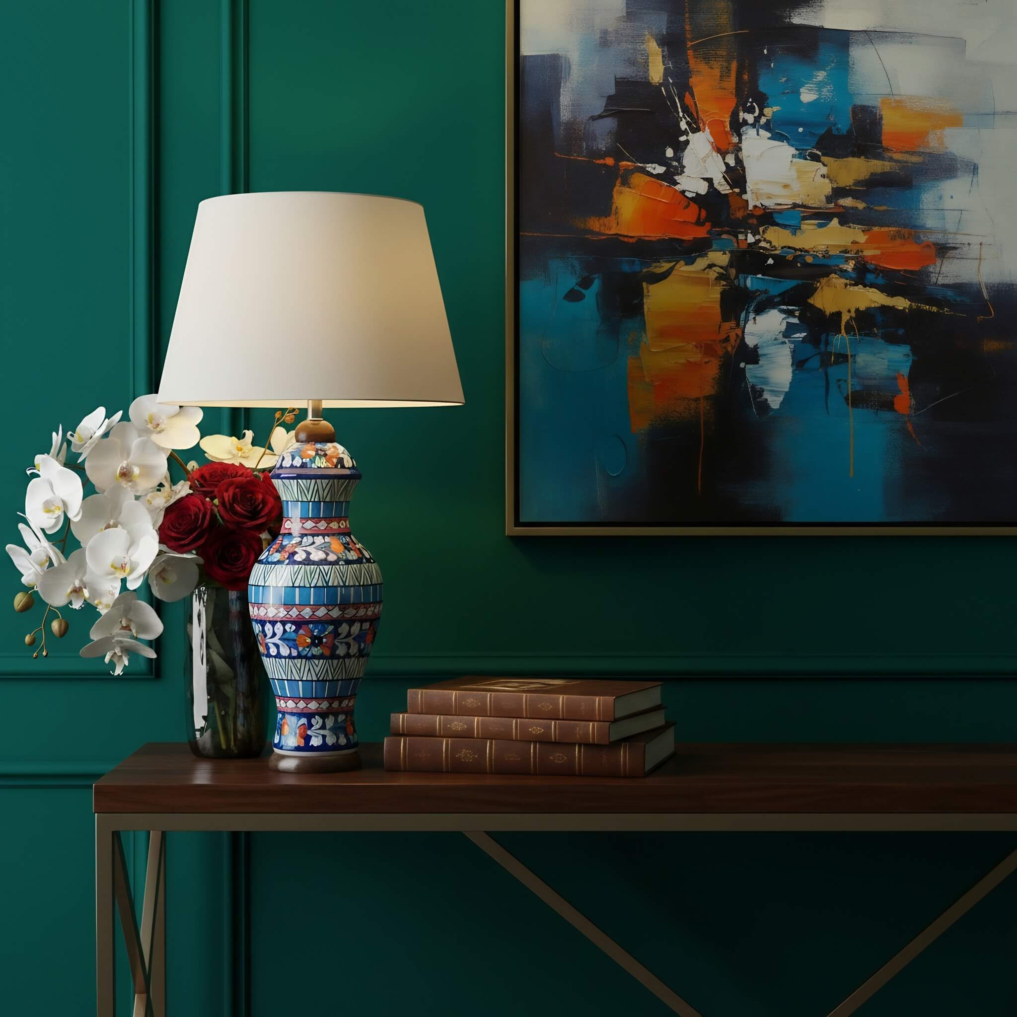 Multicolor Geometric Floral Blue Pottery Table Lamp – 22 Inch Base