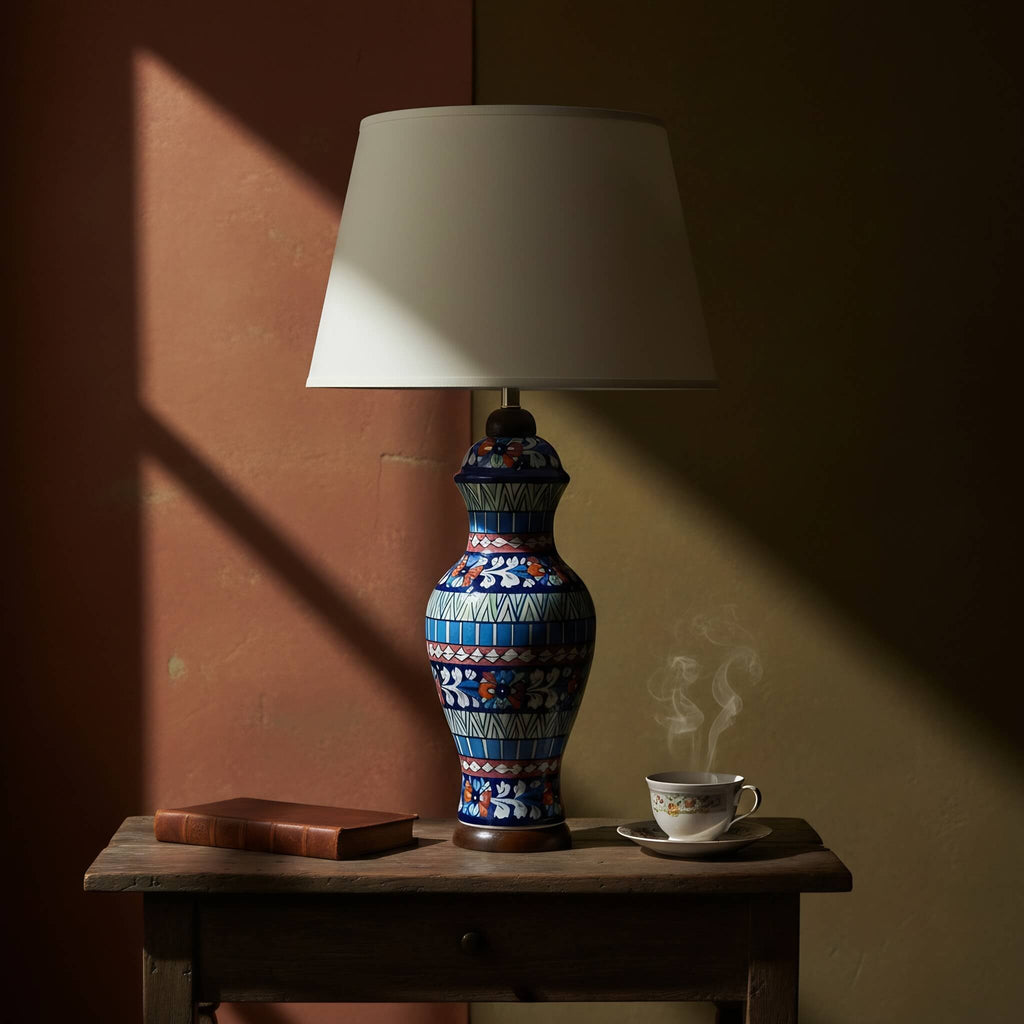 Multicolor Geometric Floral Blue Pottery Table Lamp – 22 Inch Base