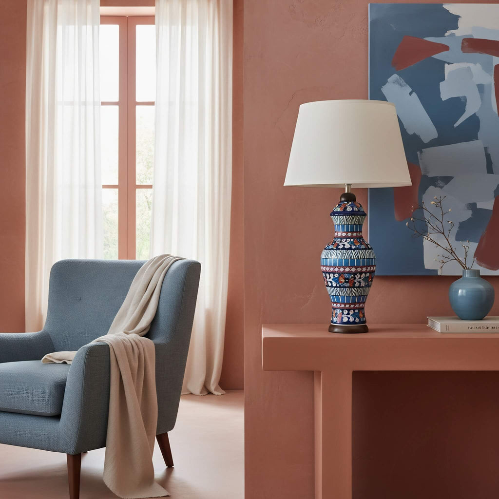 Multicolor Geometric Floral Blue Pottery Table Lamp – 22 Inch Base