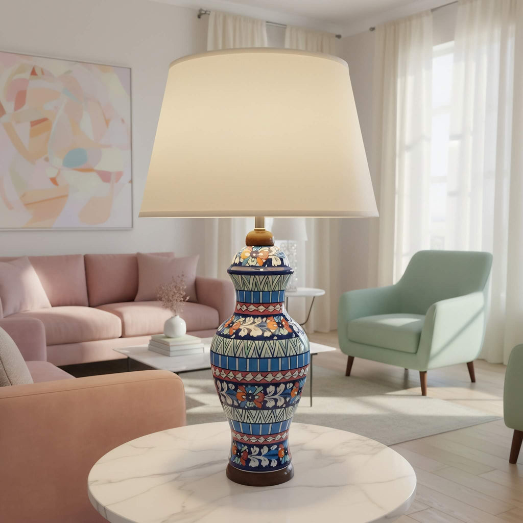 Multicolor Geometric Floral Blue Pottery Table Lamp – 22 Inch Base