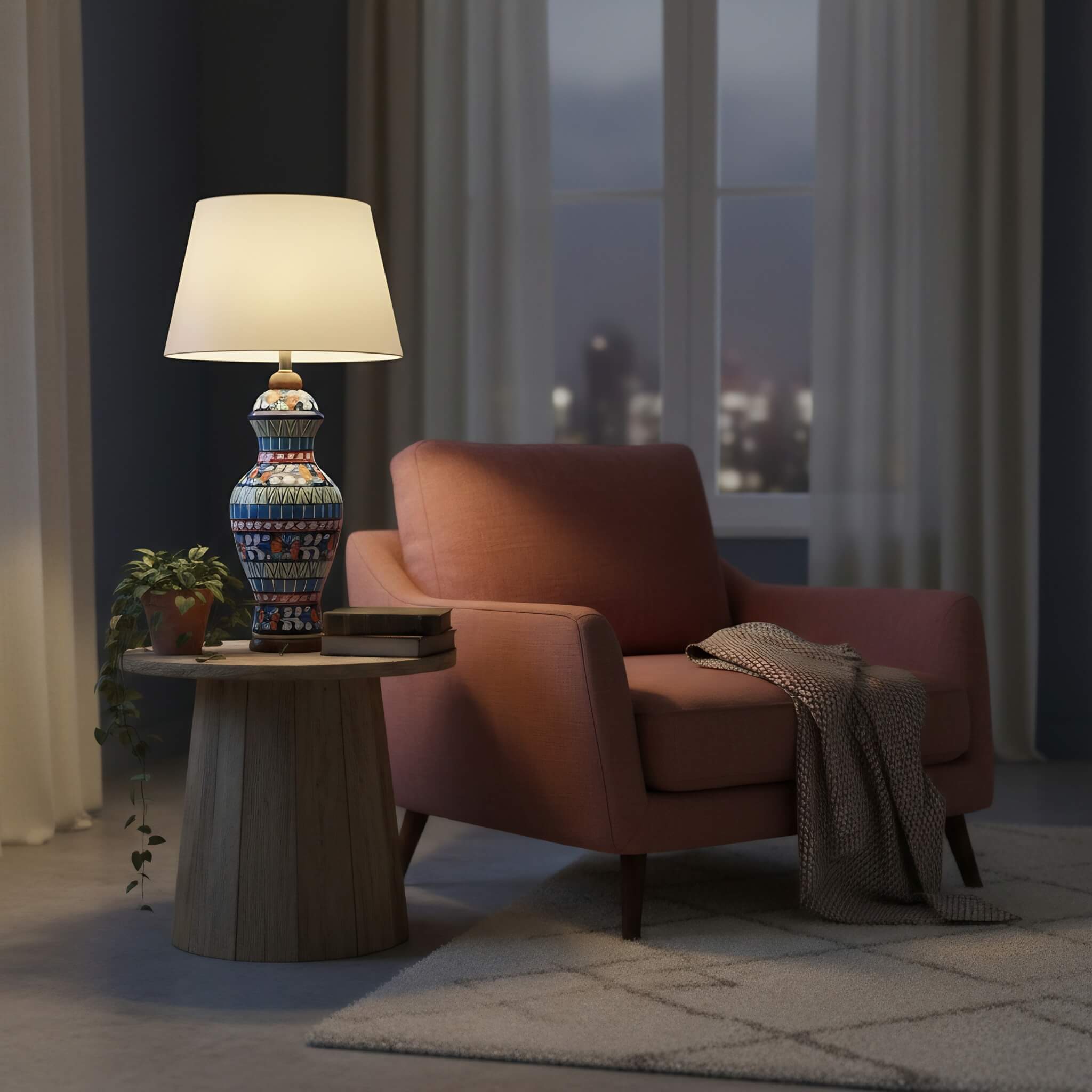 Multicolor Geometric Floral Blue Pottery Table Lamp – 22 Inch Base