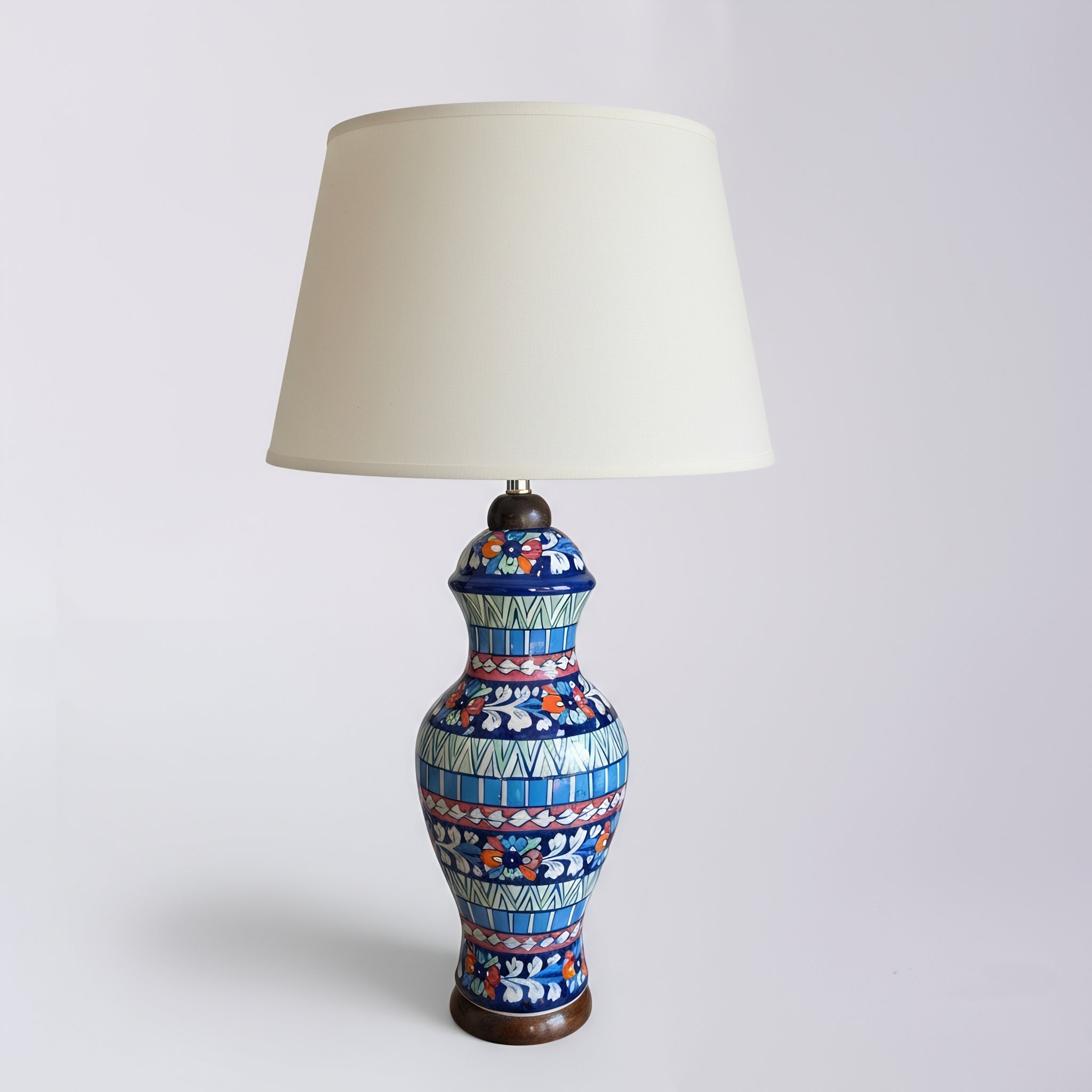 Multicolor Geometric Floral Blue Pottery Table Lamp – 22 Inch Base