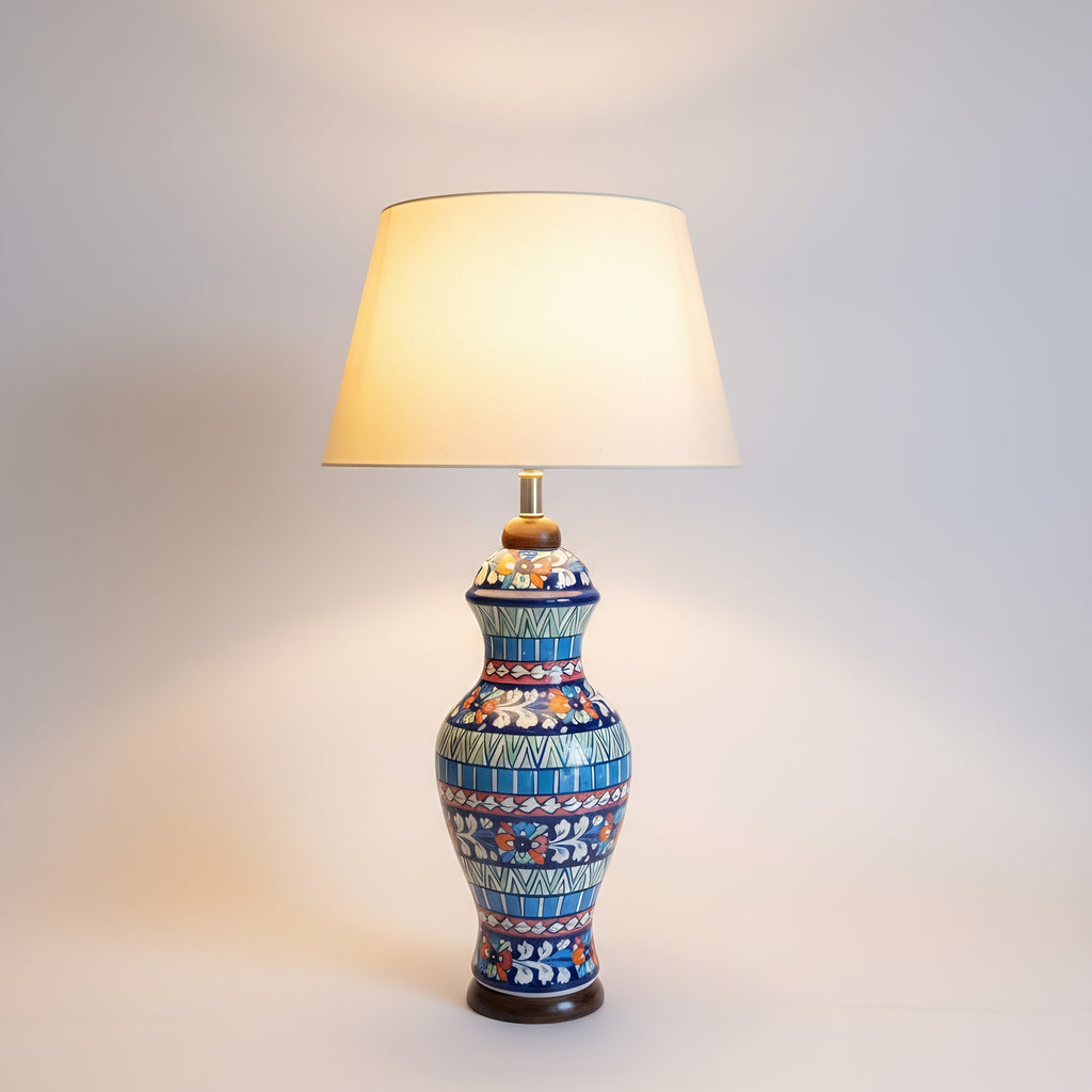Multicolor Geometric Floral Blue Pottery Table Lamp – 22 Inch Base