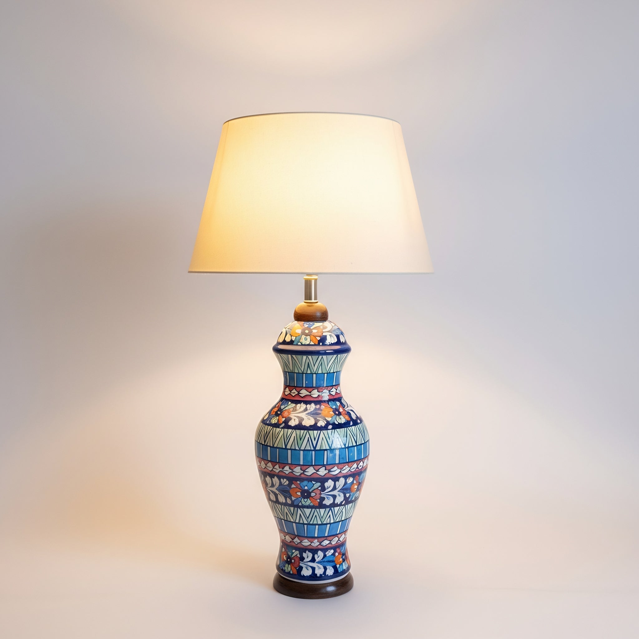 Multicolor Geometric Floral Blue Pottery Table Lamp – 22 Inch Base