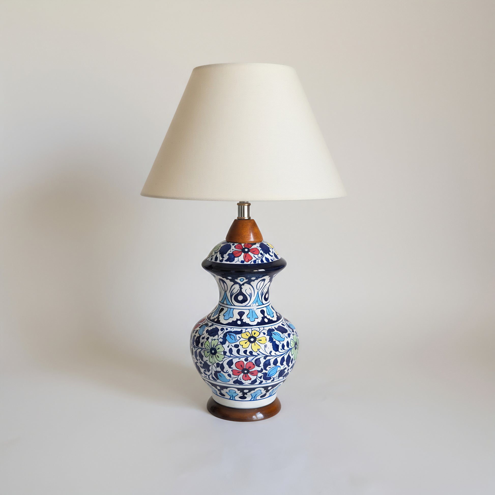 Hand-Painted Blue Pottery High Lamp Base – 16″ Tall with Multicolor Floral Motifs